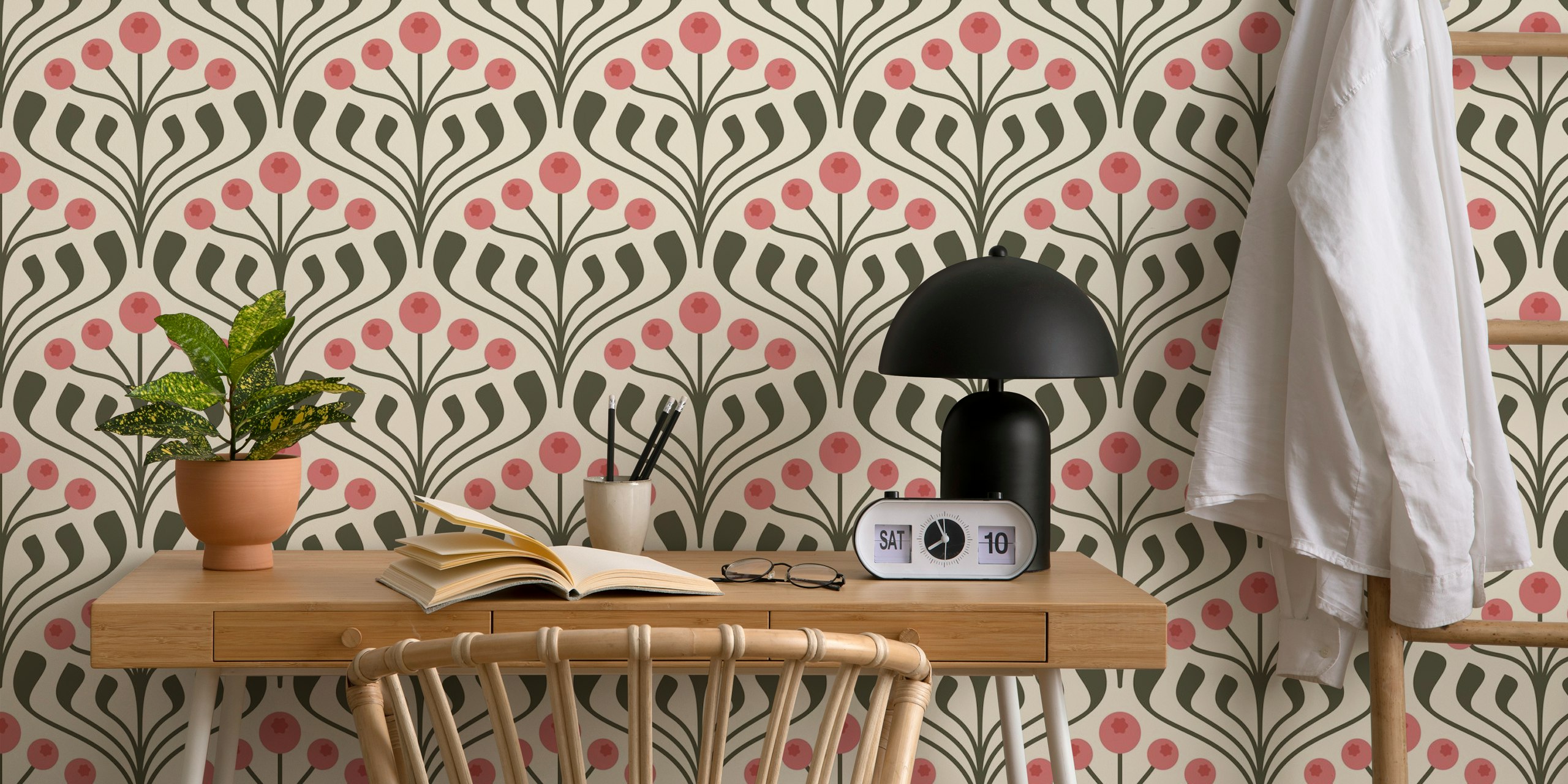 Pink and green floral motif wall mural wallpaper
