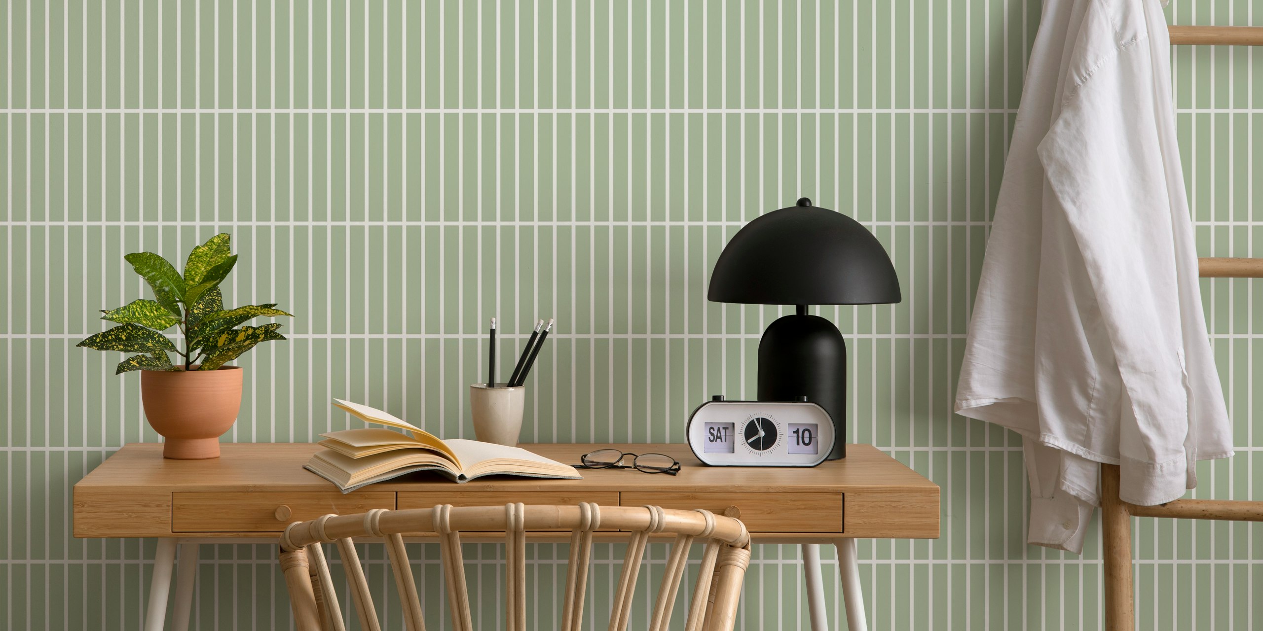 Vertical striped sage green and white wallpaper