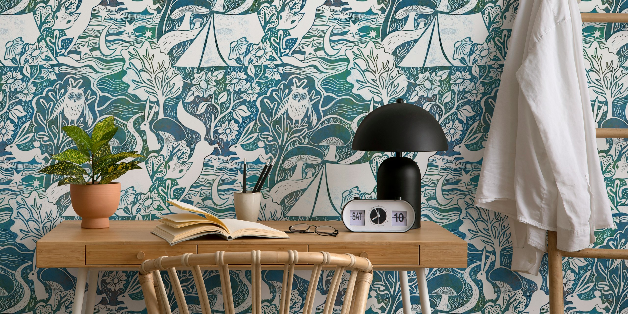 Campsite adventures blockprint wallpaper in a room
