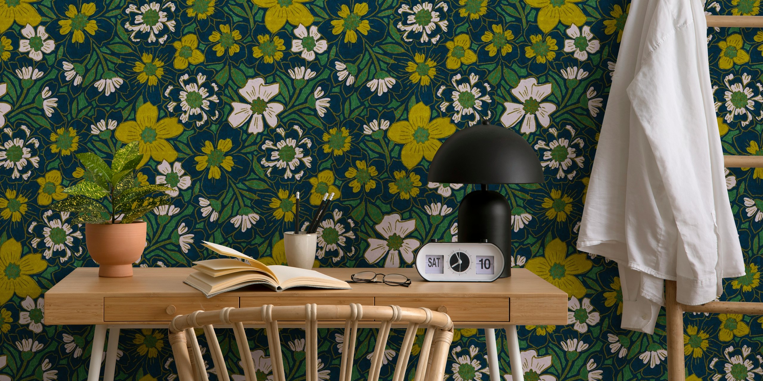 Navy floral pattern featuring white and yellow flowers wallpaper