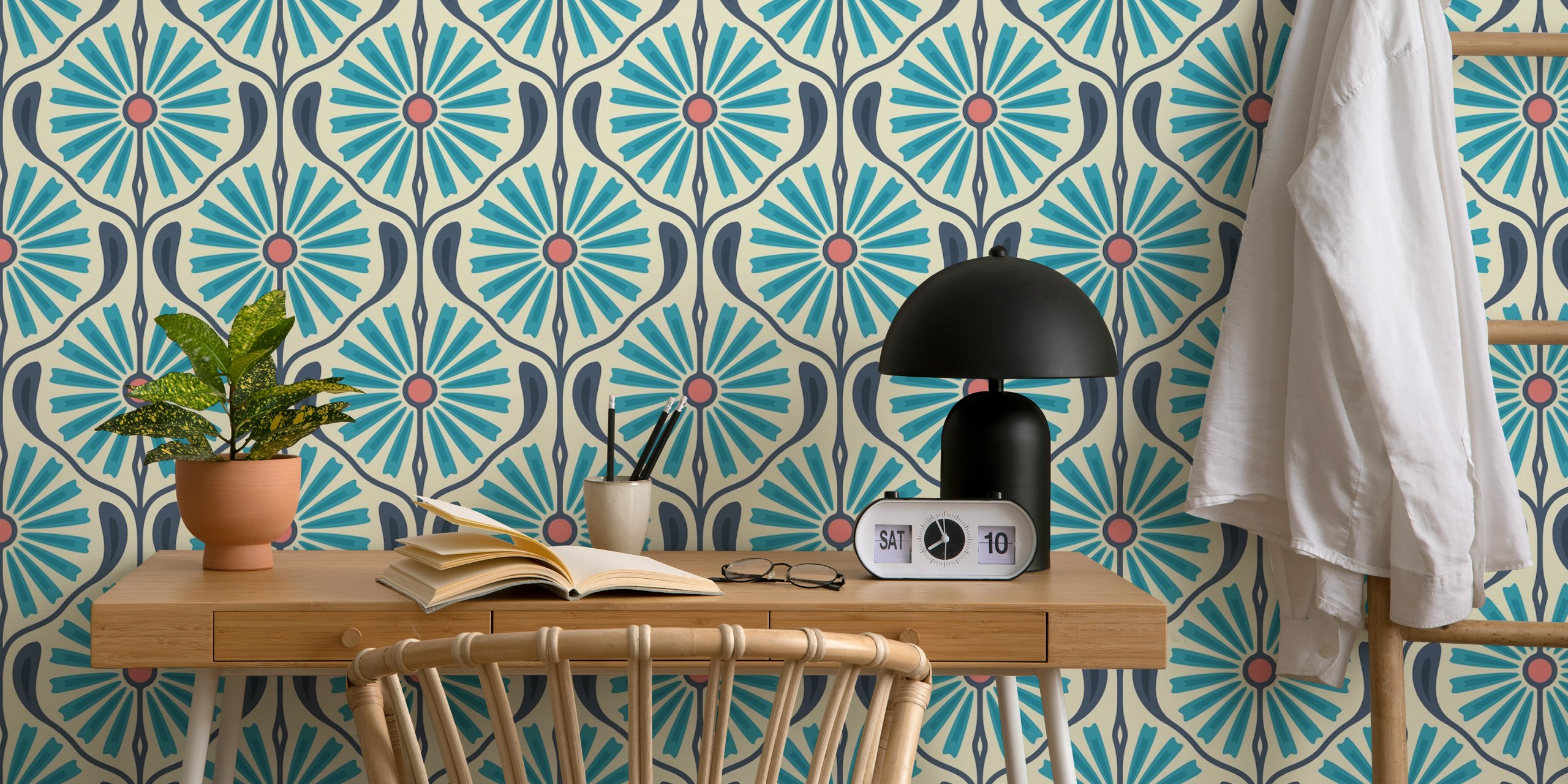 Floral pattern with blue petals and pink centers on cream wallpaper