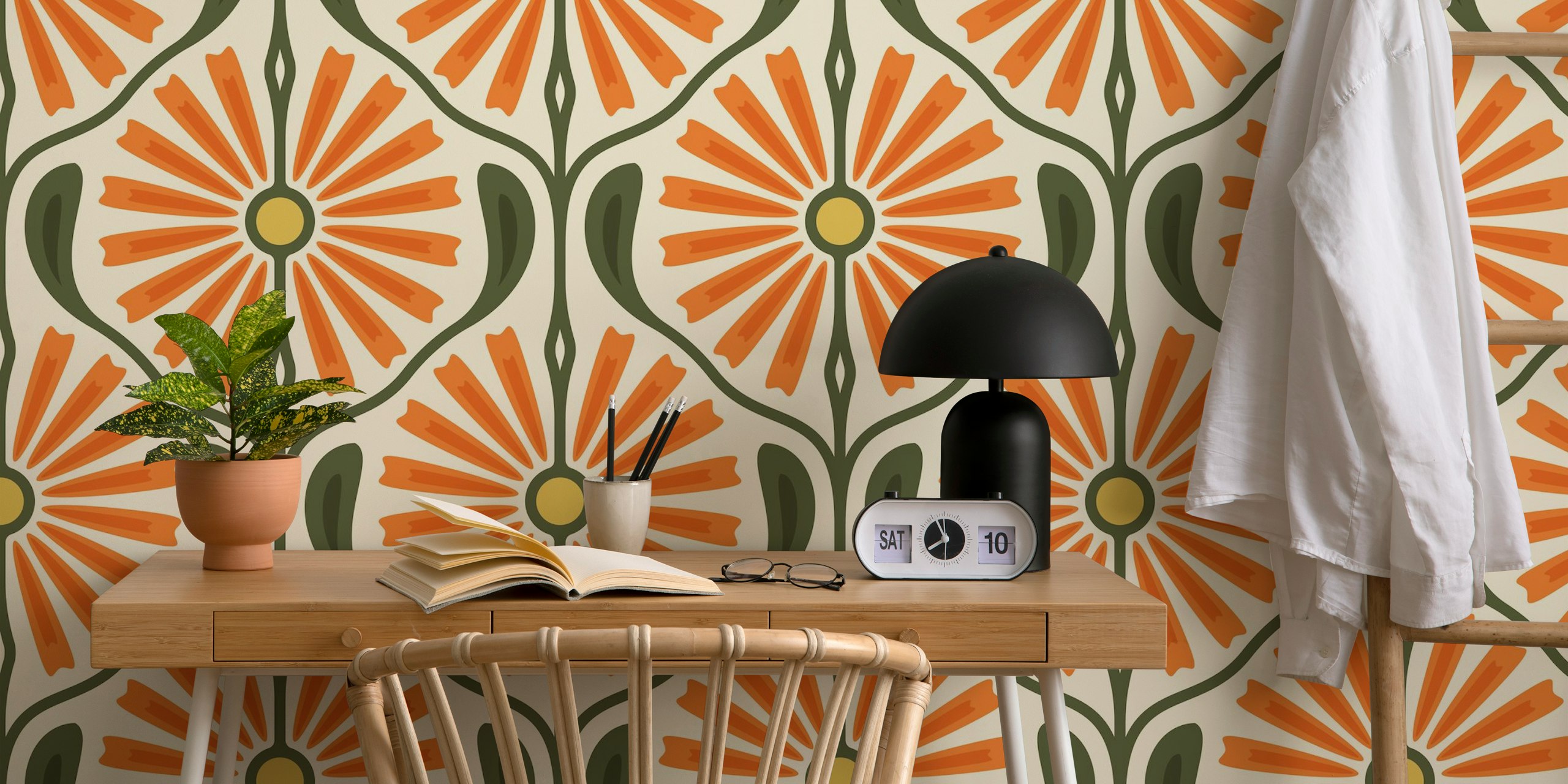 Retro sunburst orange wallpaper in a room