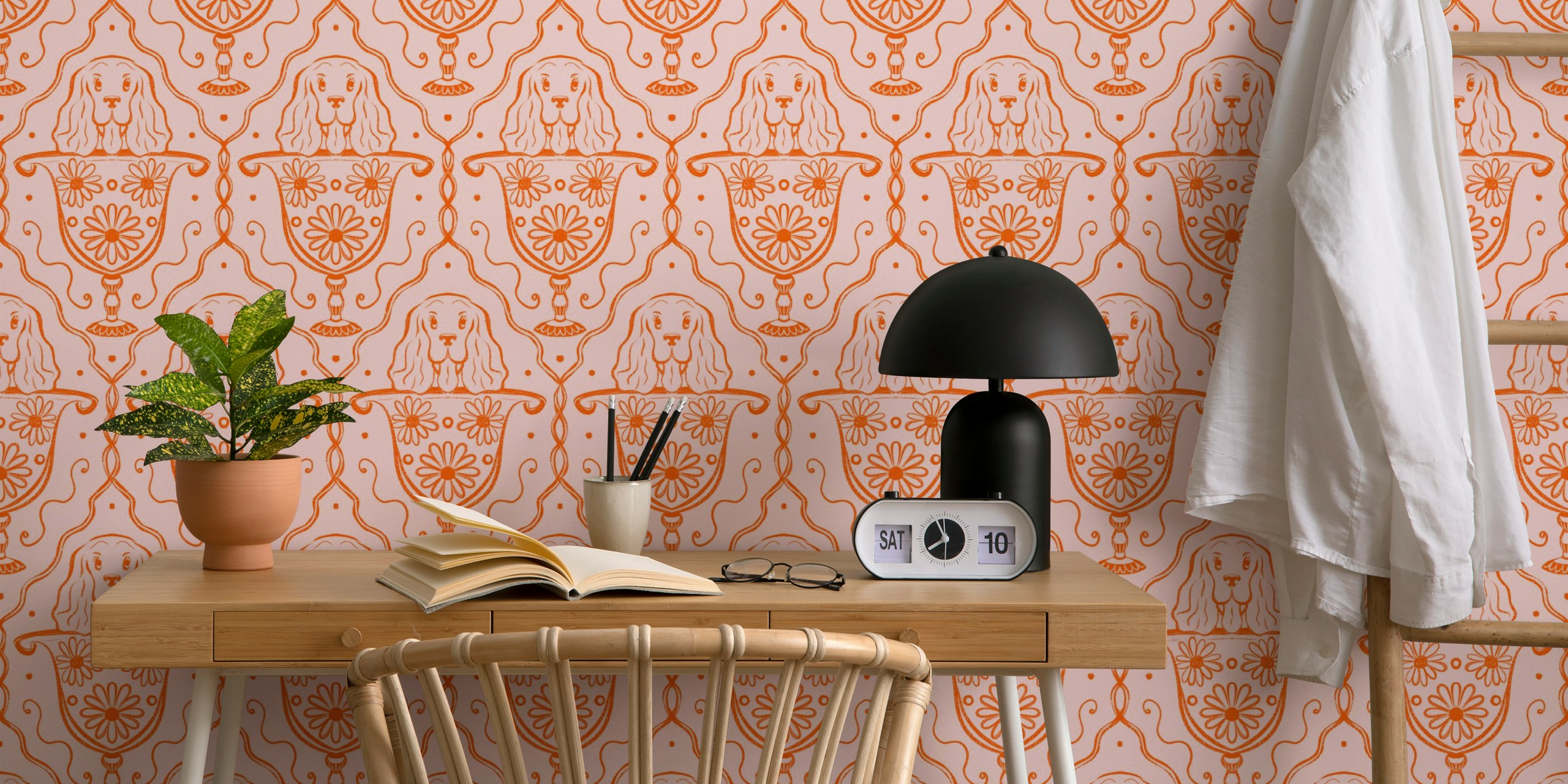 Floral vase and dog cute wallpaper in a room