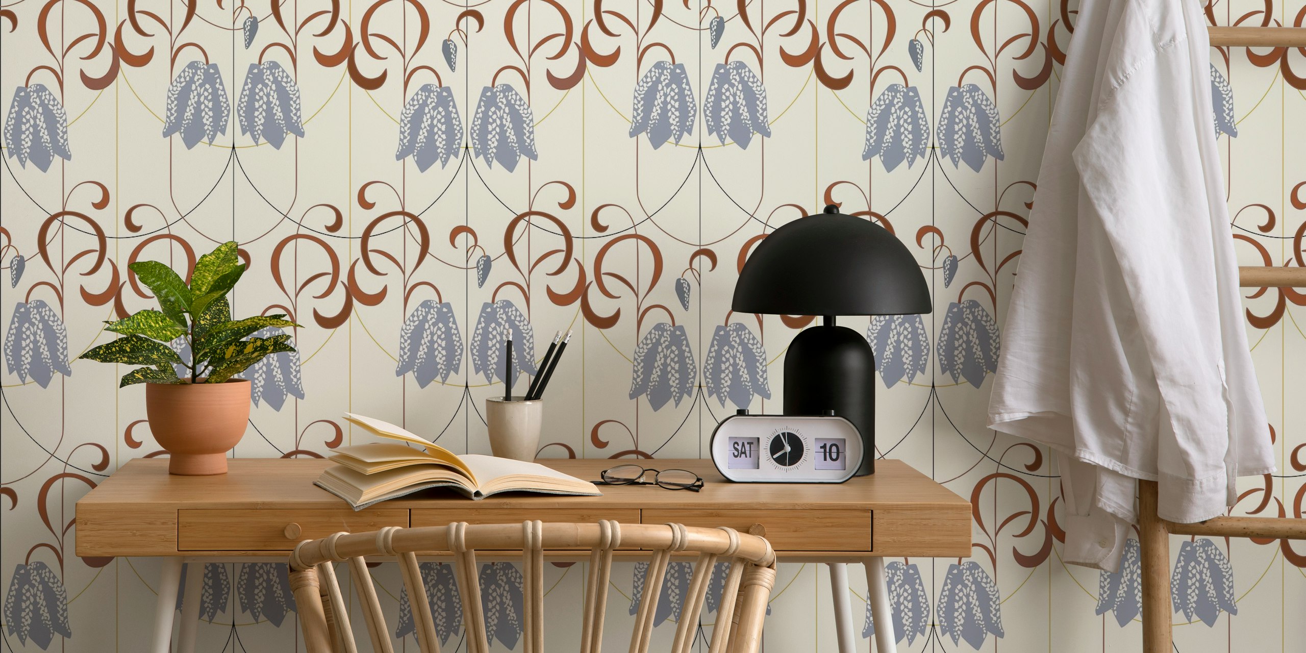 Art Deco Checkered lily pattern in earthy tones wallpaper