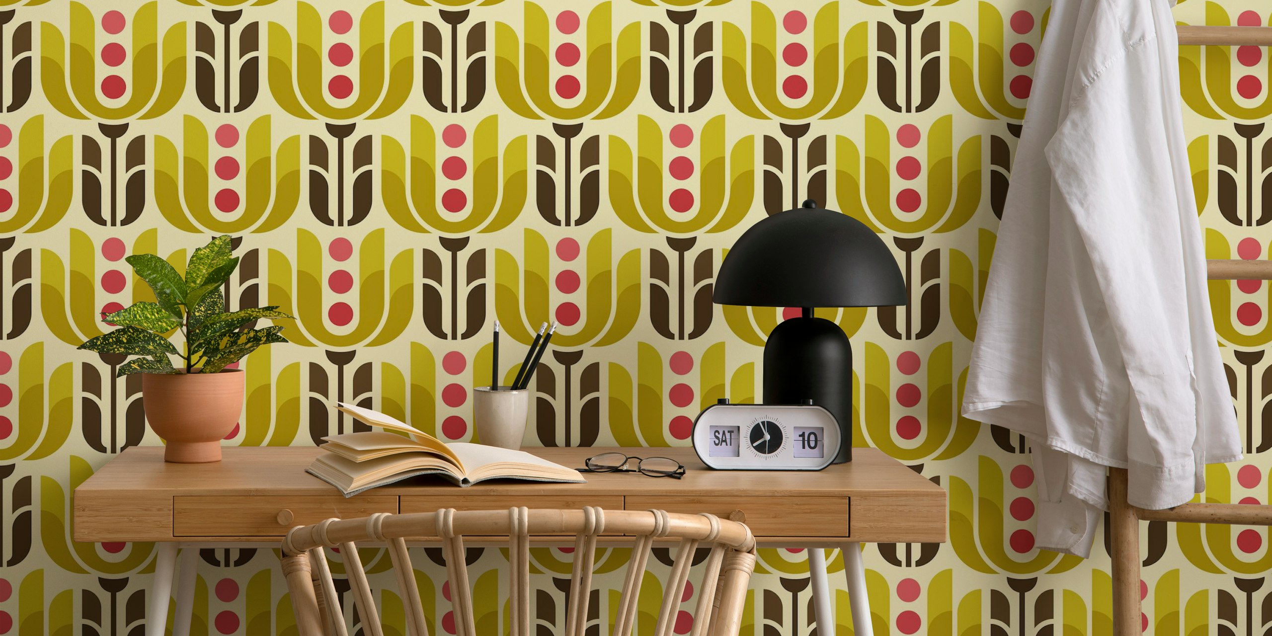 Retro geometric tulips wallpaper in a room