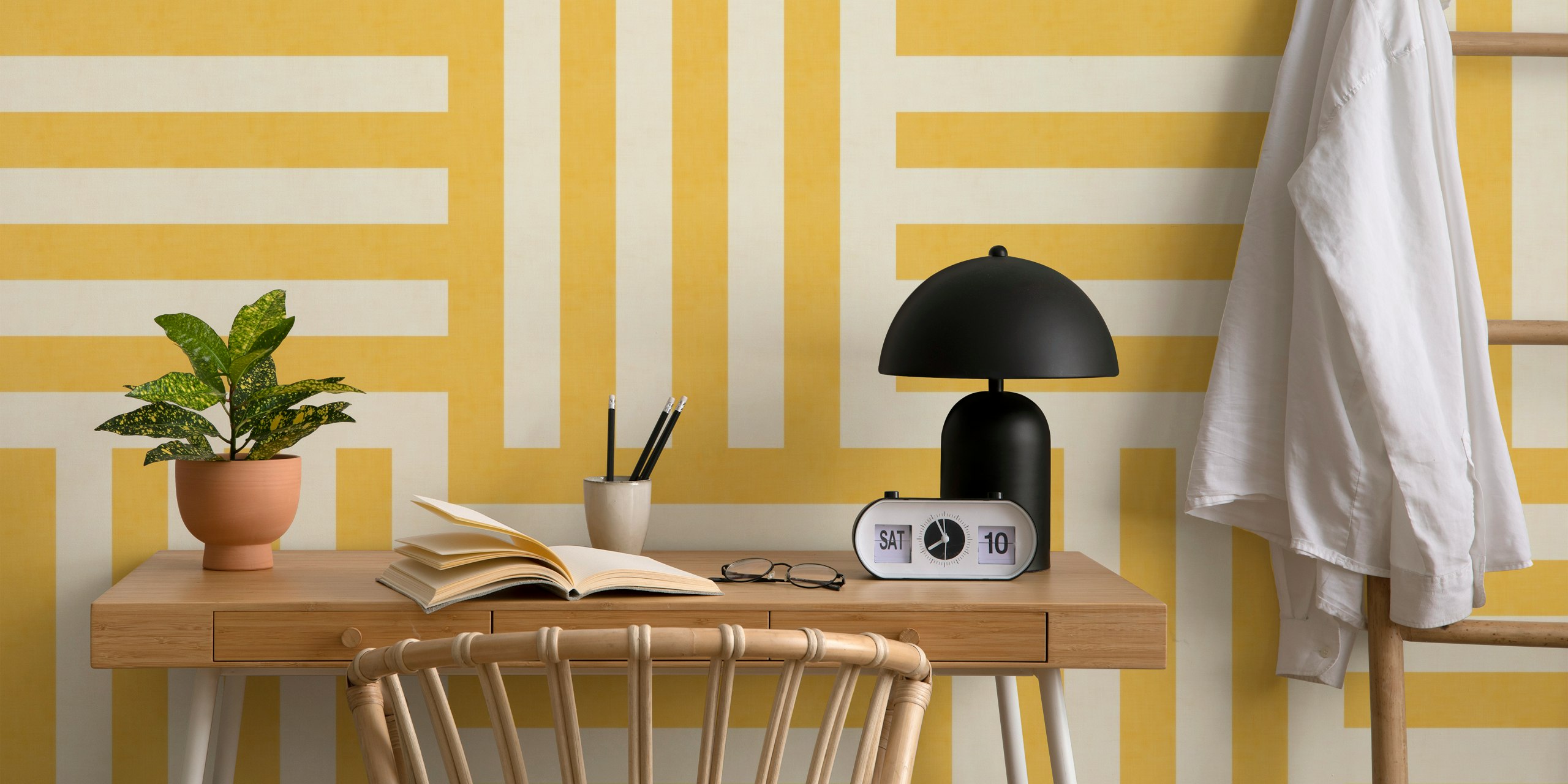 Optical Illusion Yellow Sunny Stripes wallpaper in a room