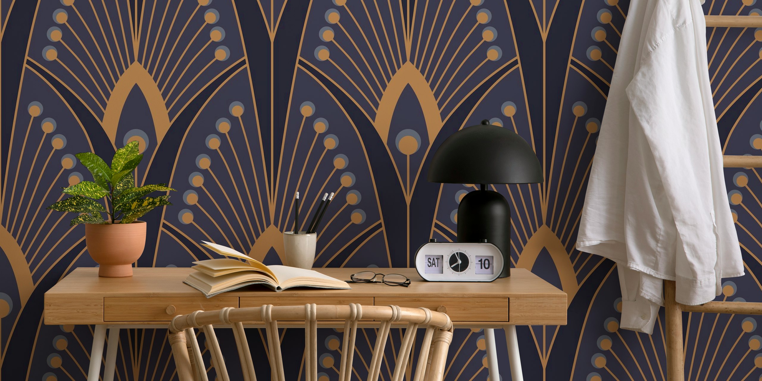 Geometric patterns in dark blue and gold tones wallpaper