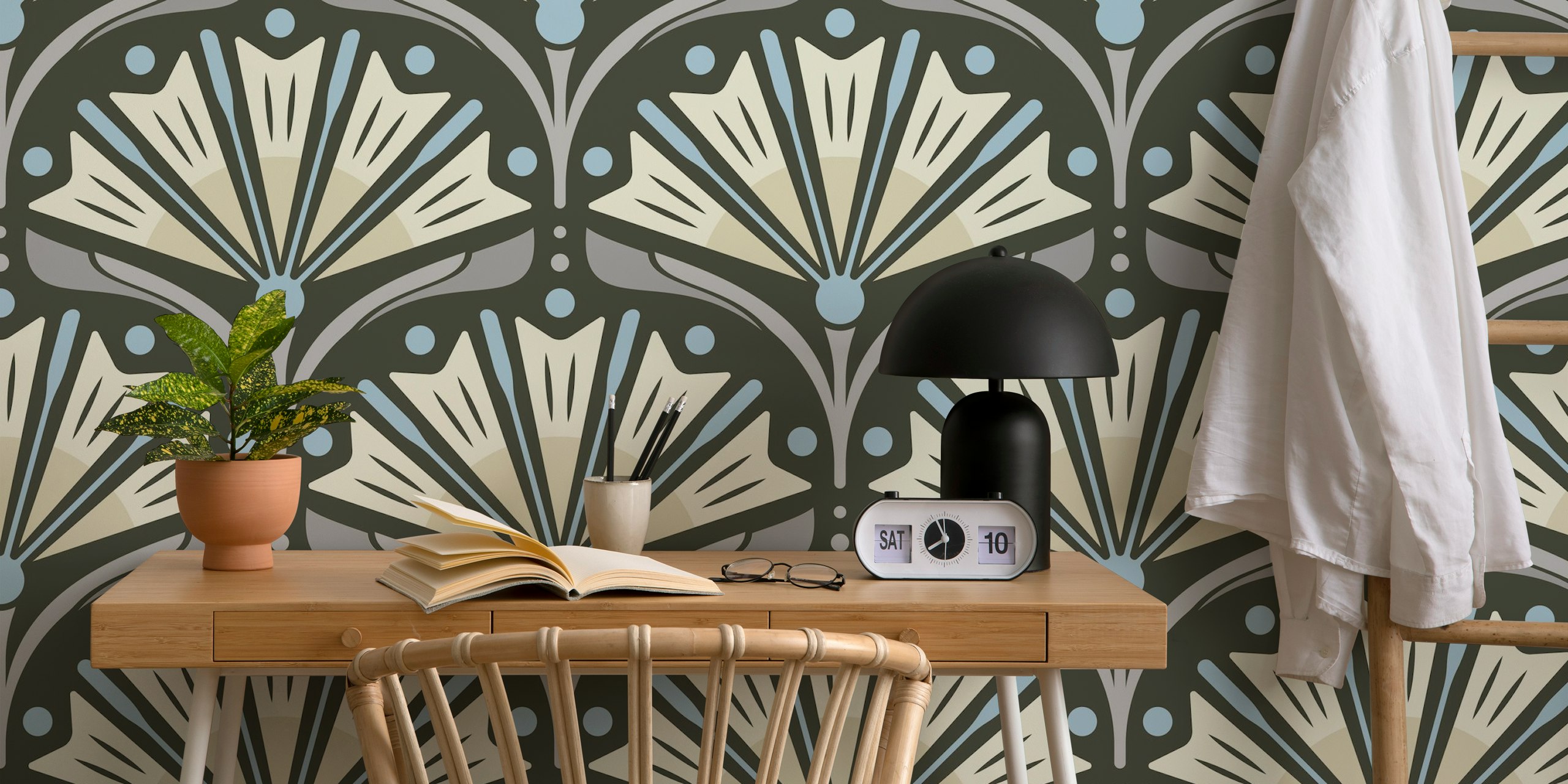 Art Deco Daisy Charm in Gray papel pintado en una habitación