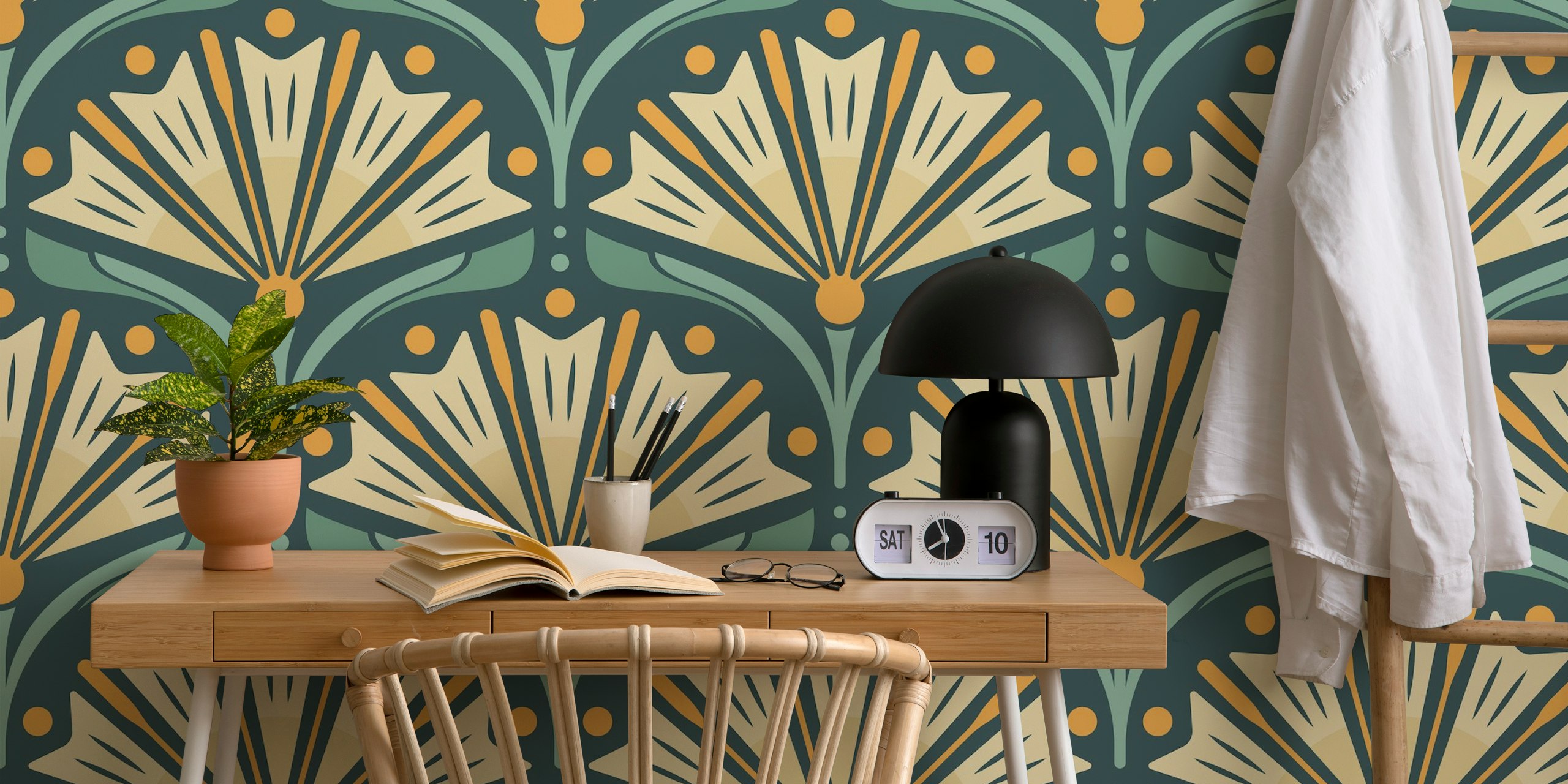 Art Deco Daisy wallpaper i et stilfuldt rum