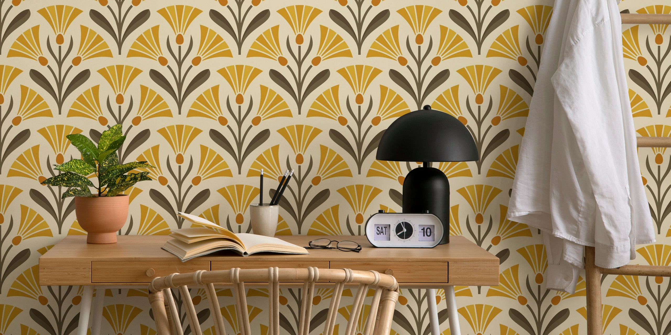 Art Deco floral wallpaper in yellow and brown