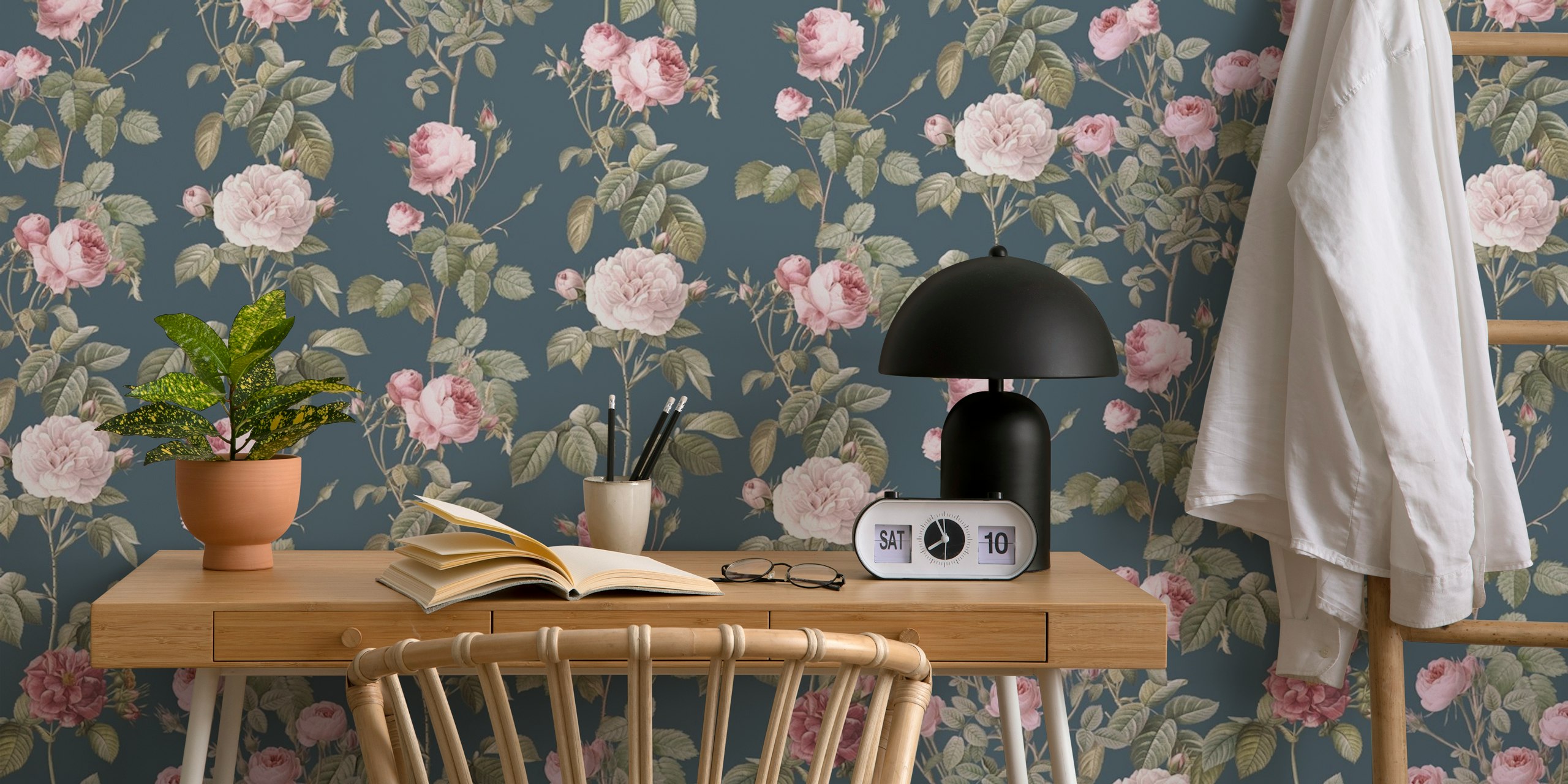 Floral pattern with pink roses and green leaves on smoky blue background wallpaper