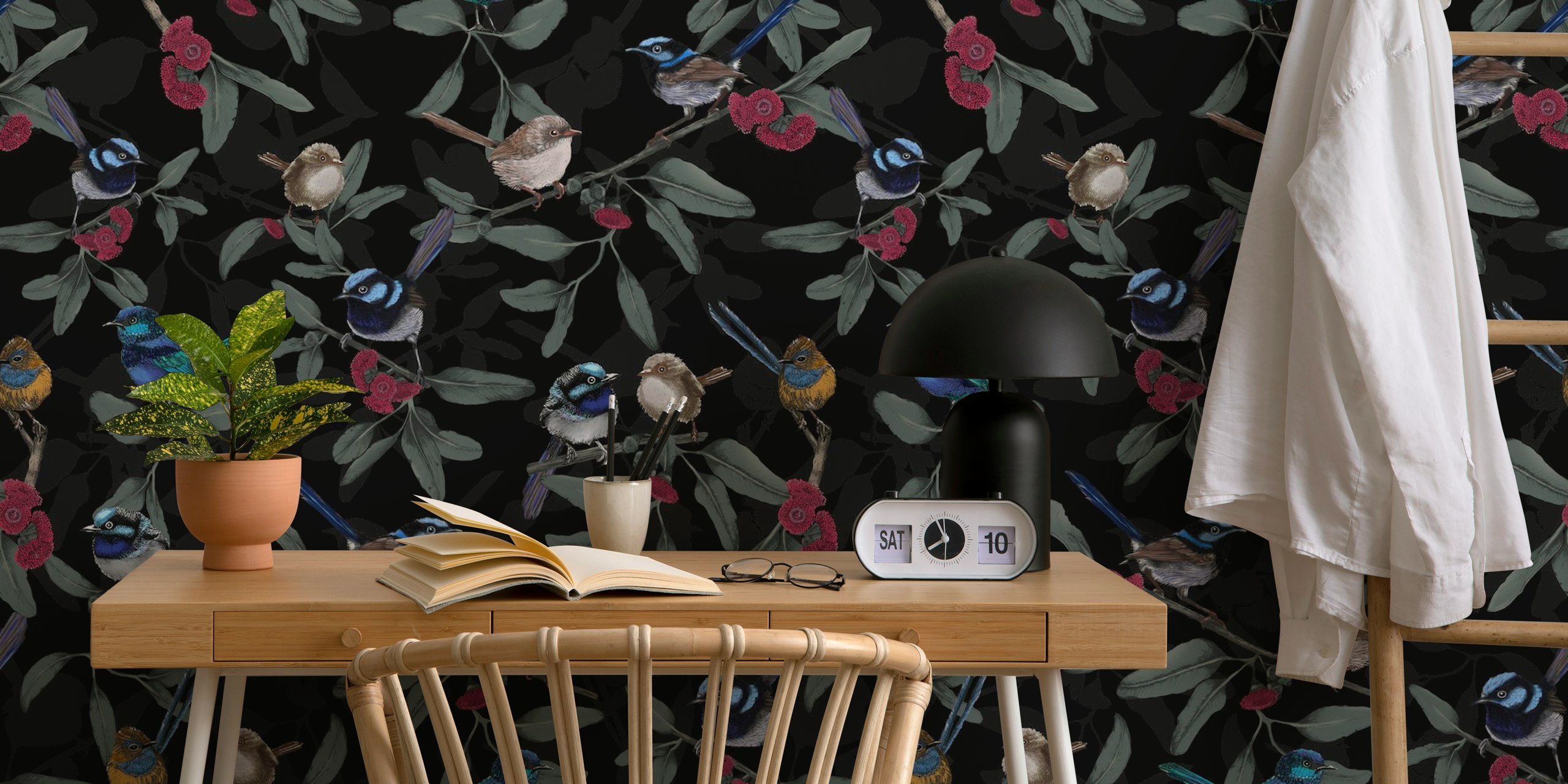 Colorful wrens and leaves on black background wallpaper