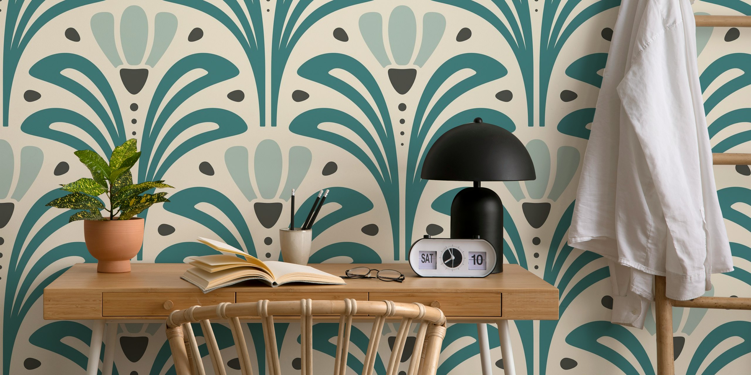 Mid-Century Blossoms in Teal wallpaper in a room