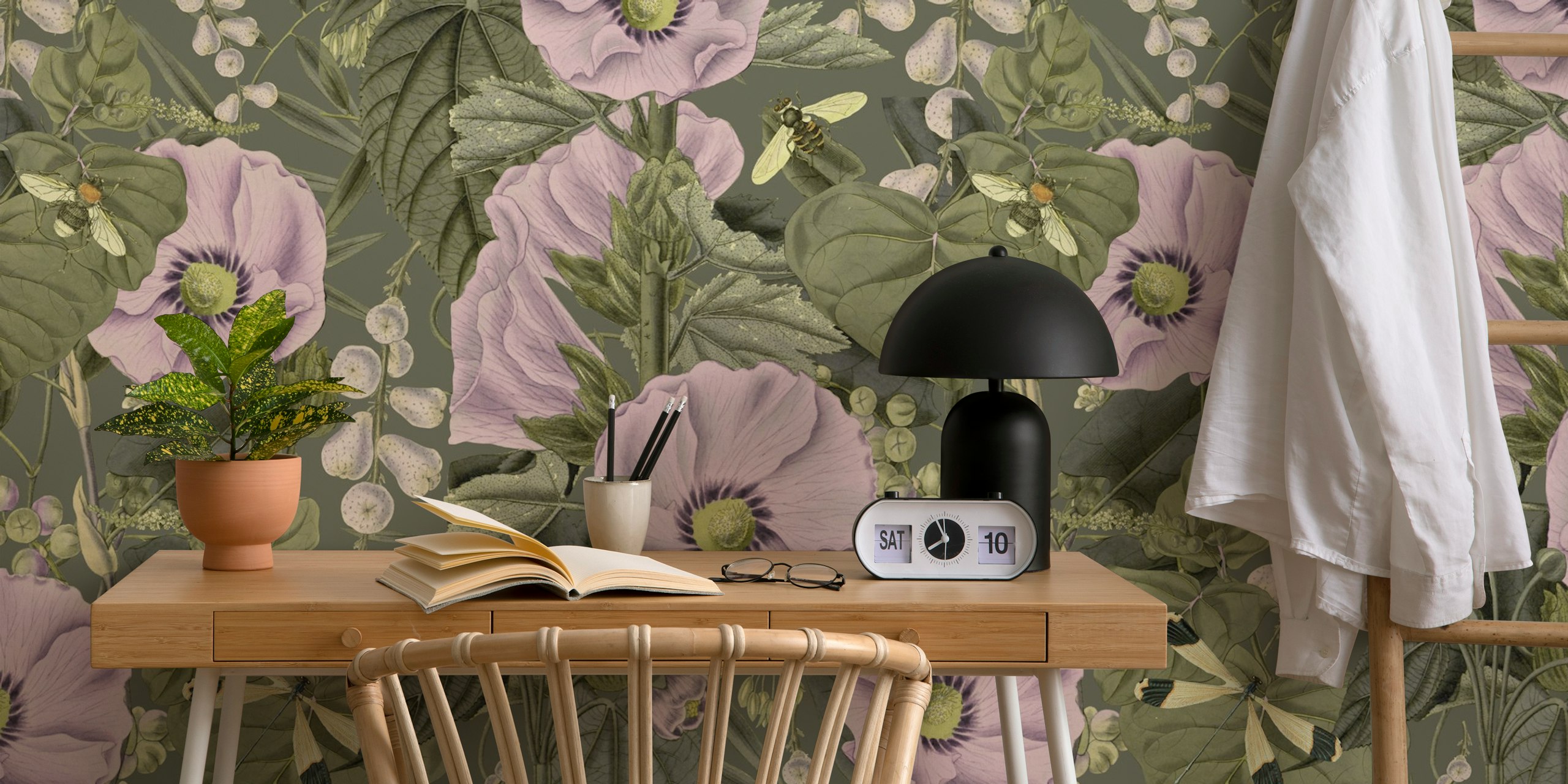 Lavender flowers and bees on green background botanical wallpaper