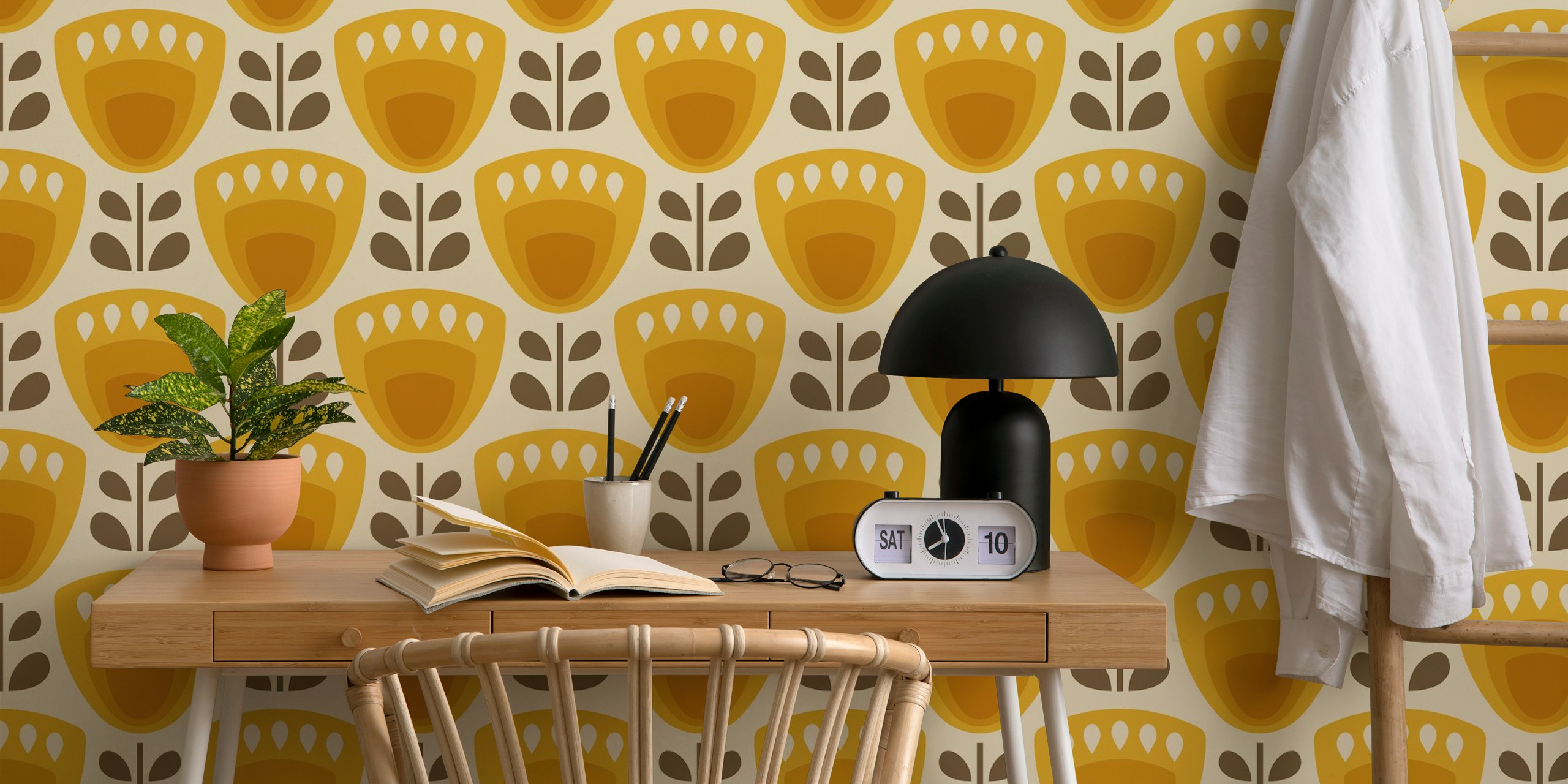 Mid-Century Tulips in Orange wallpaper in a room