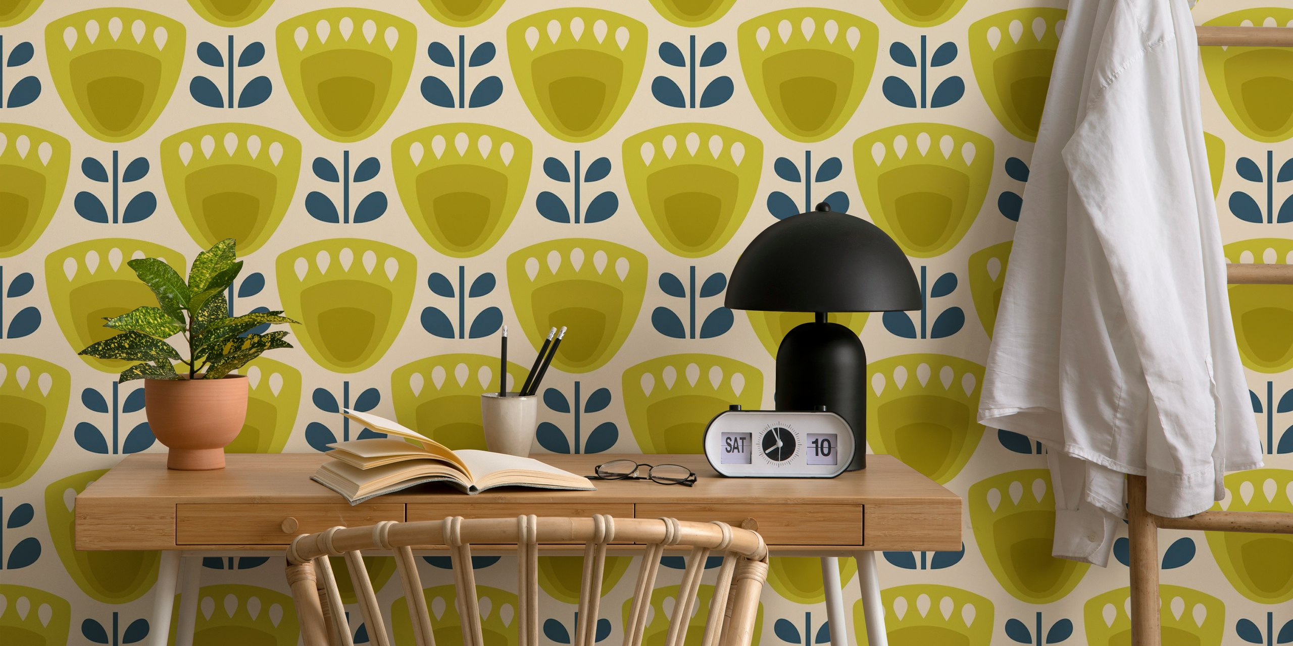 Mid-Century Tulips in Green wallpaper in a room