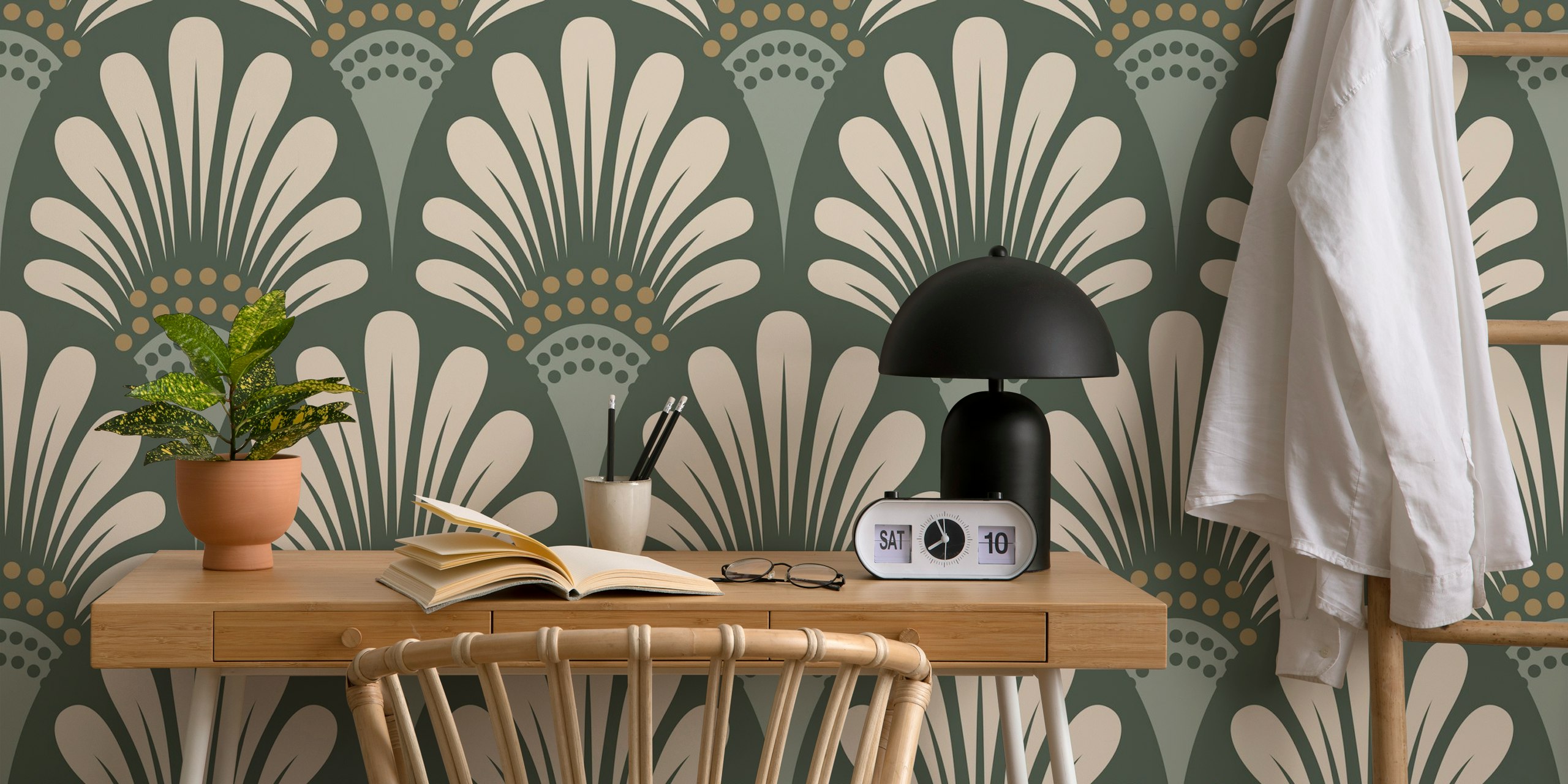 Art deco floral pattern in sage green and cream wallpaper