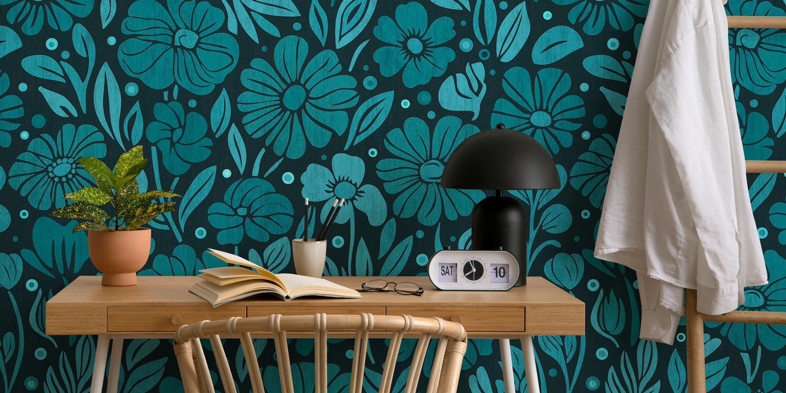 Turquoise floral pattern with leaves on dark background wallpaper