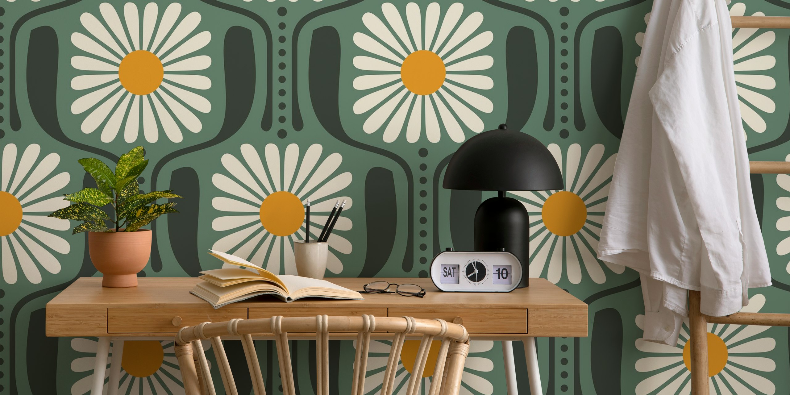 Green background with white daisy flowers and yellow centers wallpaper
