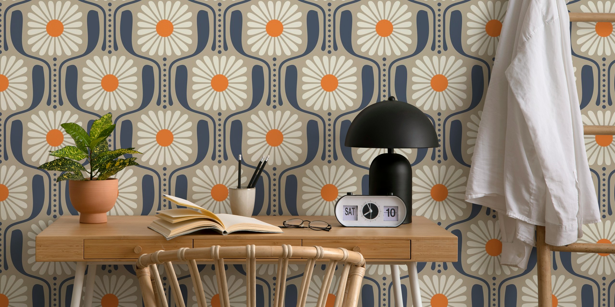 Timeless Daisy Art in Beige wallpaper in a room