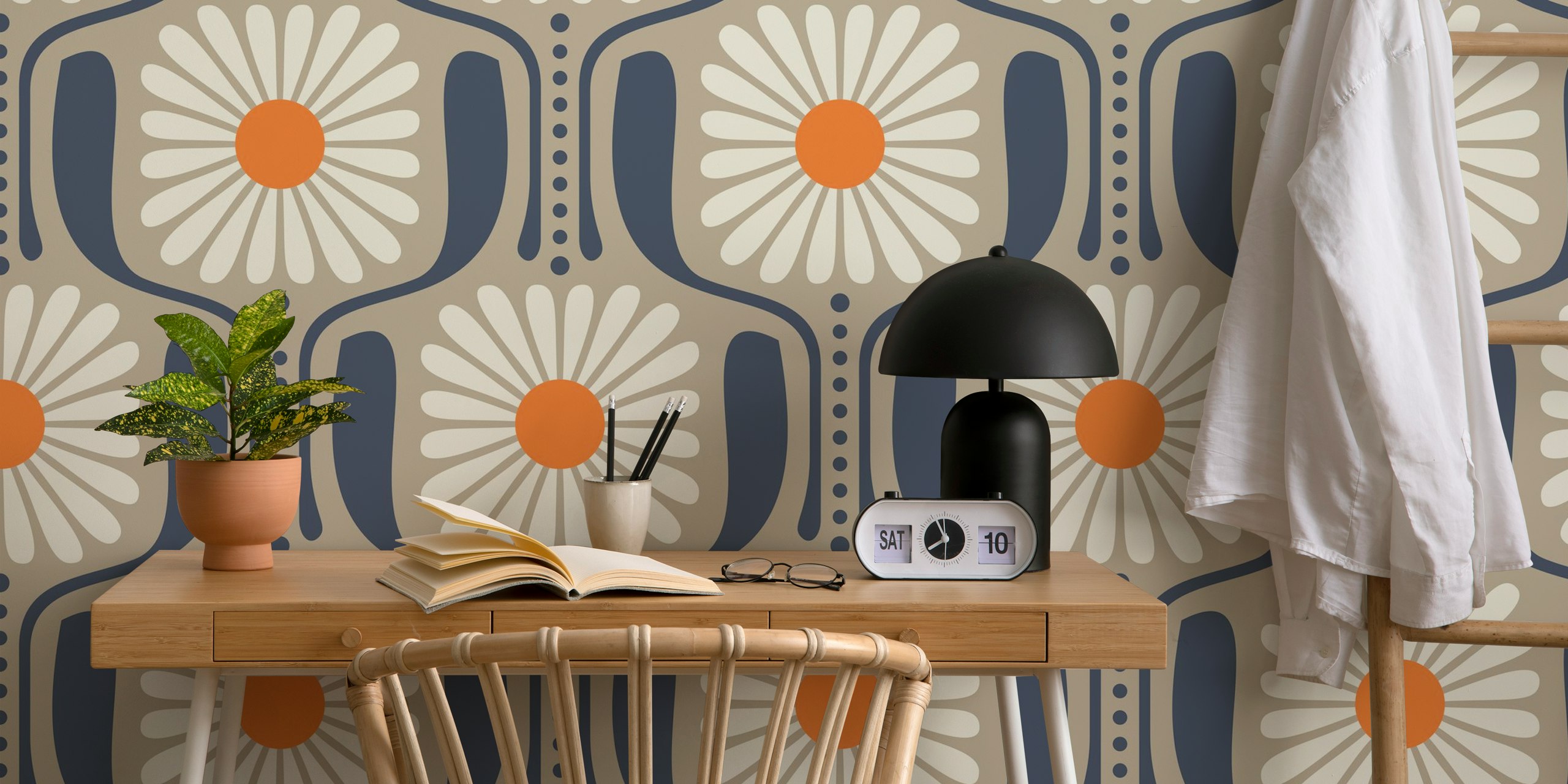Beige wallpaper featuring large white daisies with orange centers, retro floral design