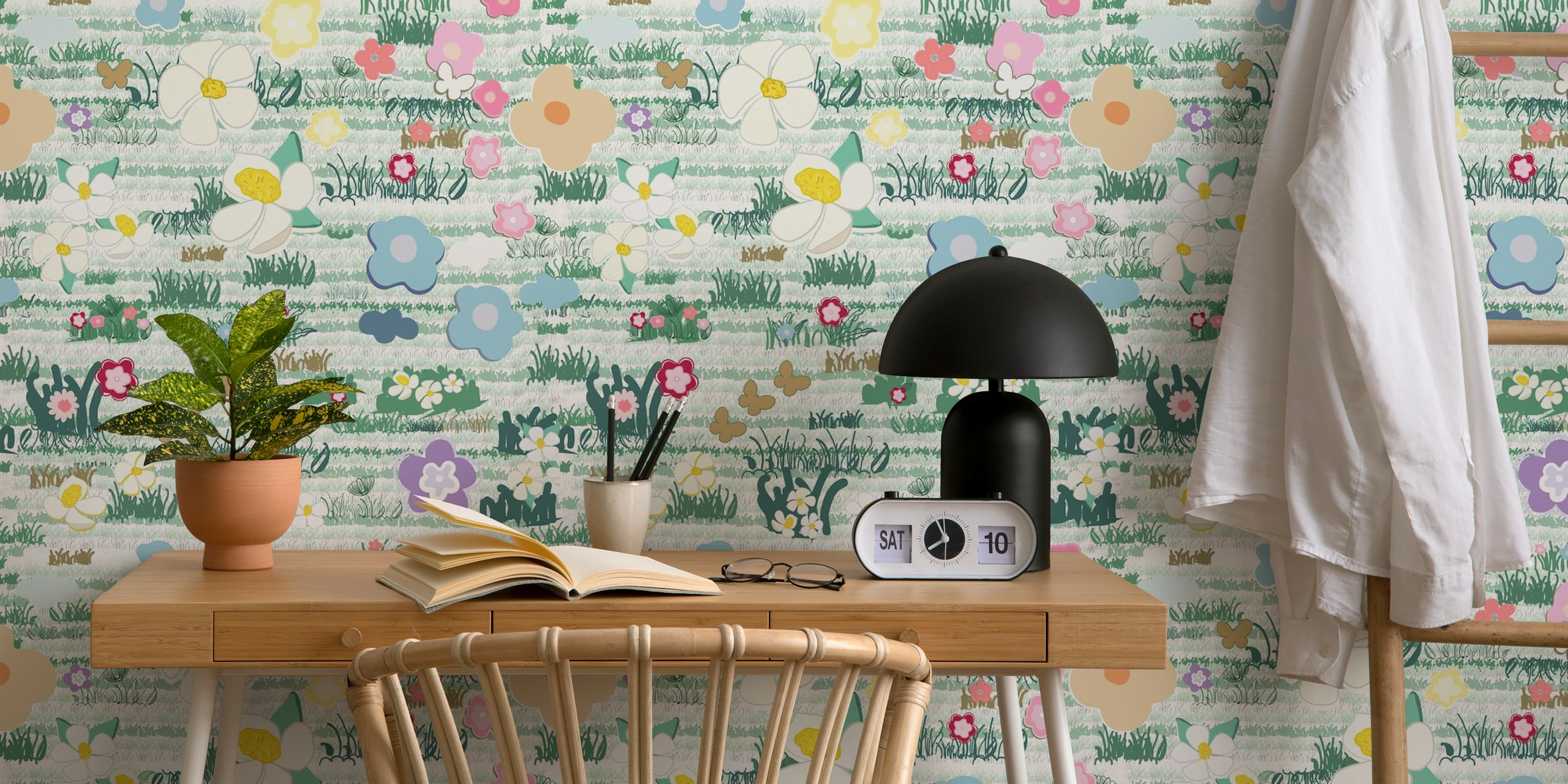 Colorful flowers and grass pattern in pastel tones wallpaper