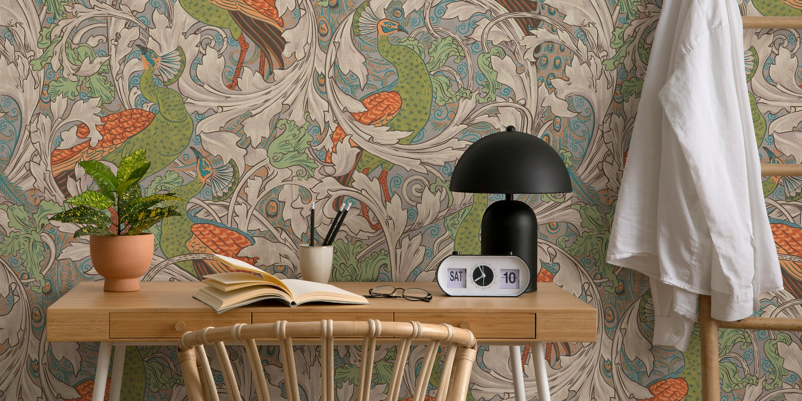 Peacock garden wallpaper design displayed in a room