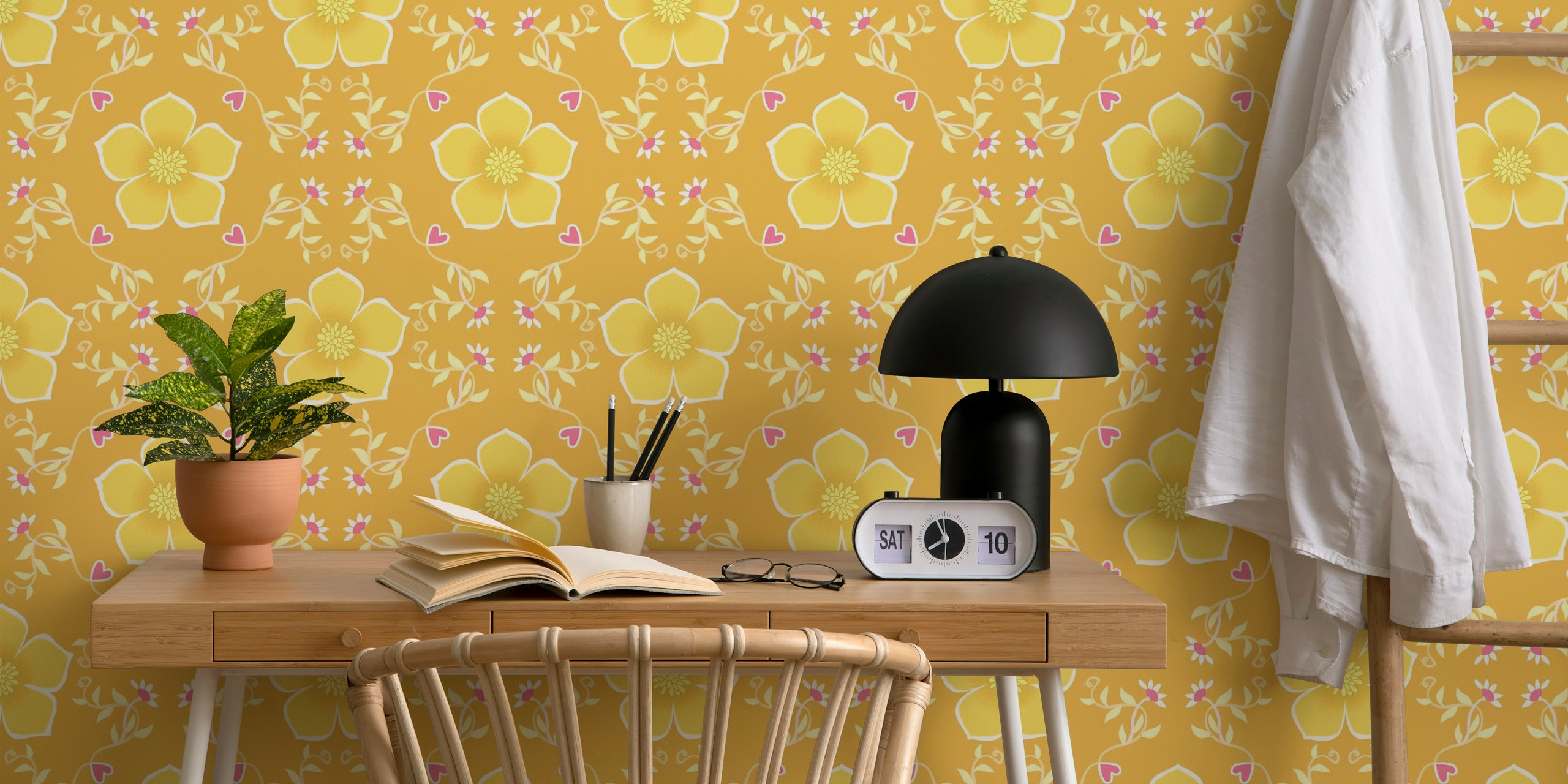 Yellow floral wall mural with heart motifs and green vines wallpaper