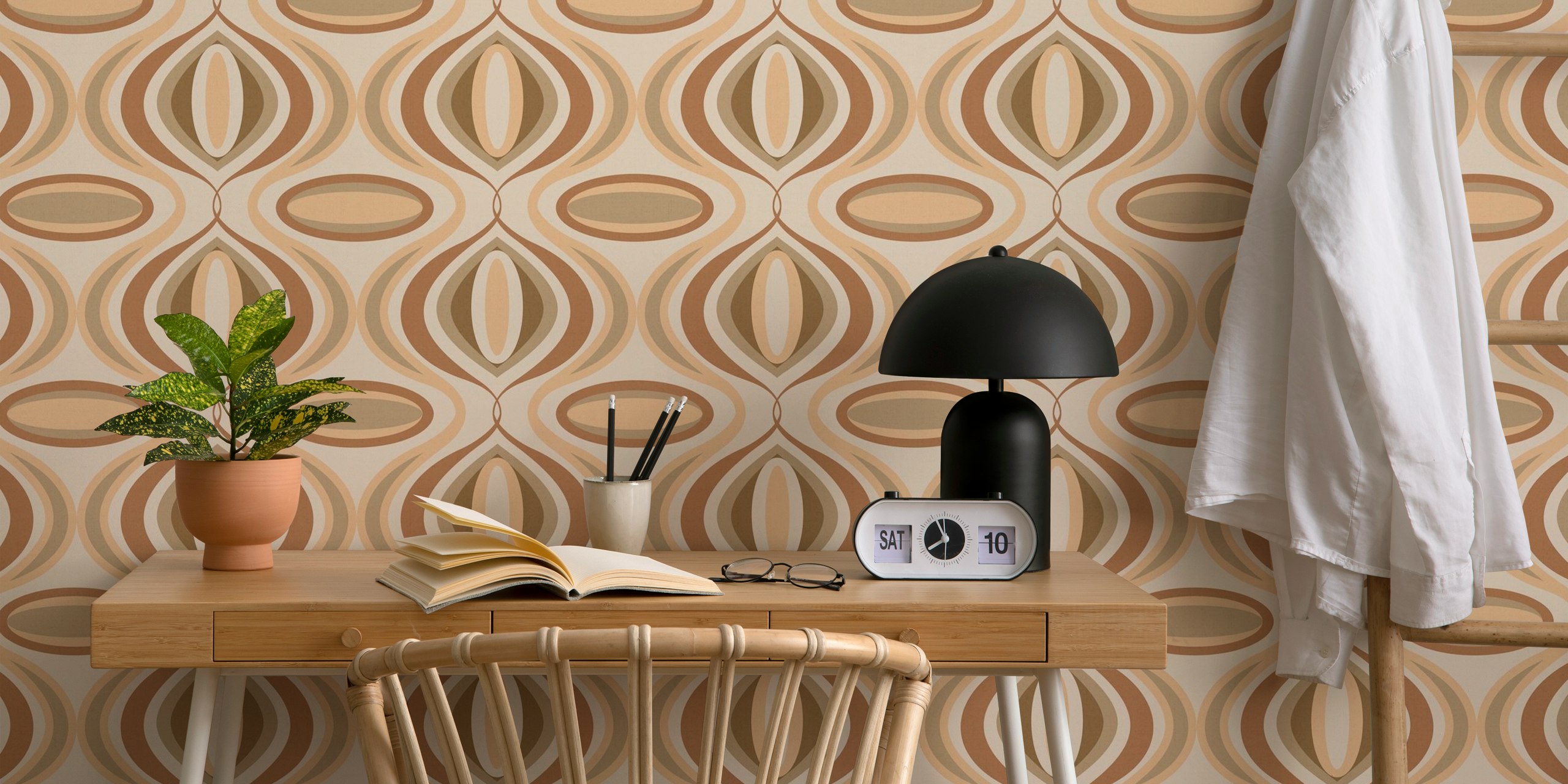 70s Curvilinear Mocha Mousse tapet i et rom