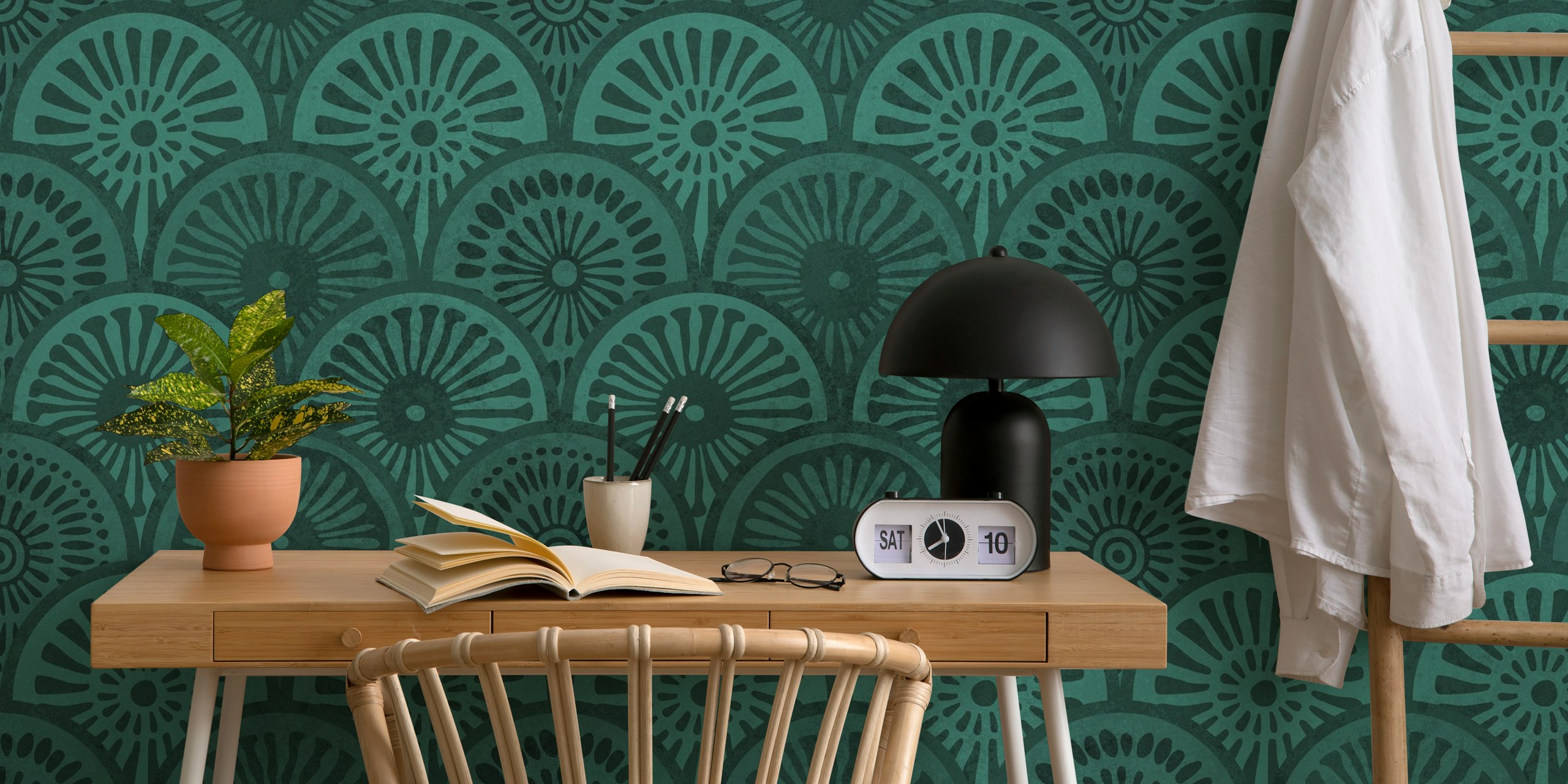 Emerald teal scallop shapes wallpaper in bohemian style