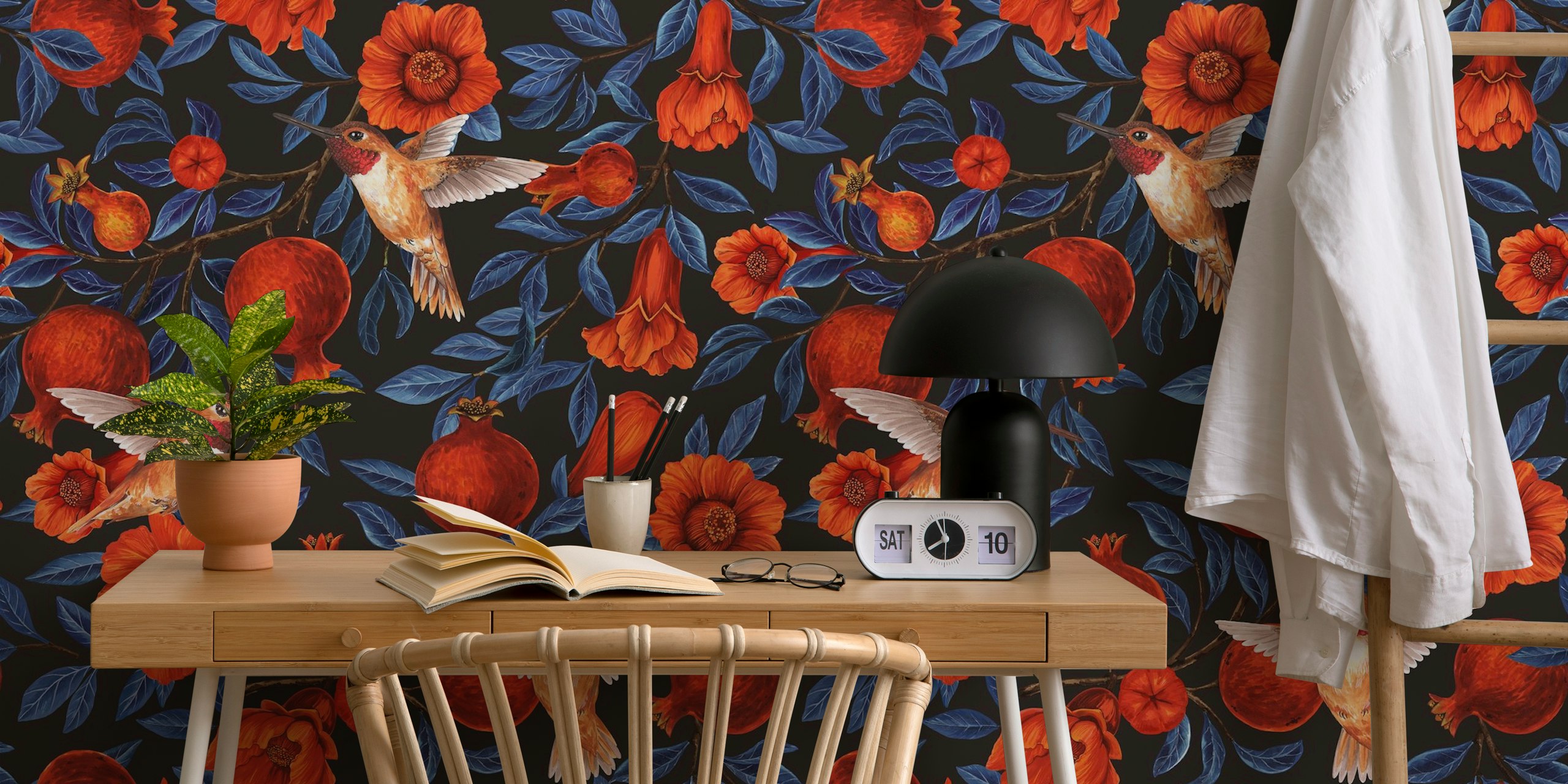 Pomegranates and hummingbirds on dark background wallpaper