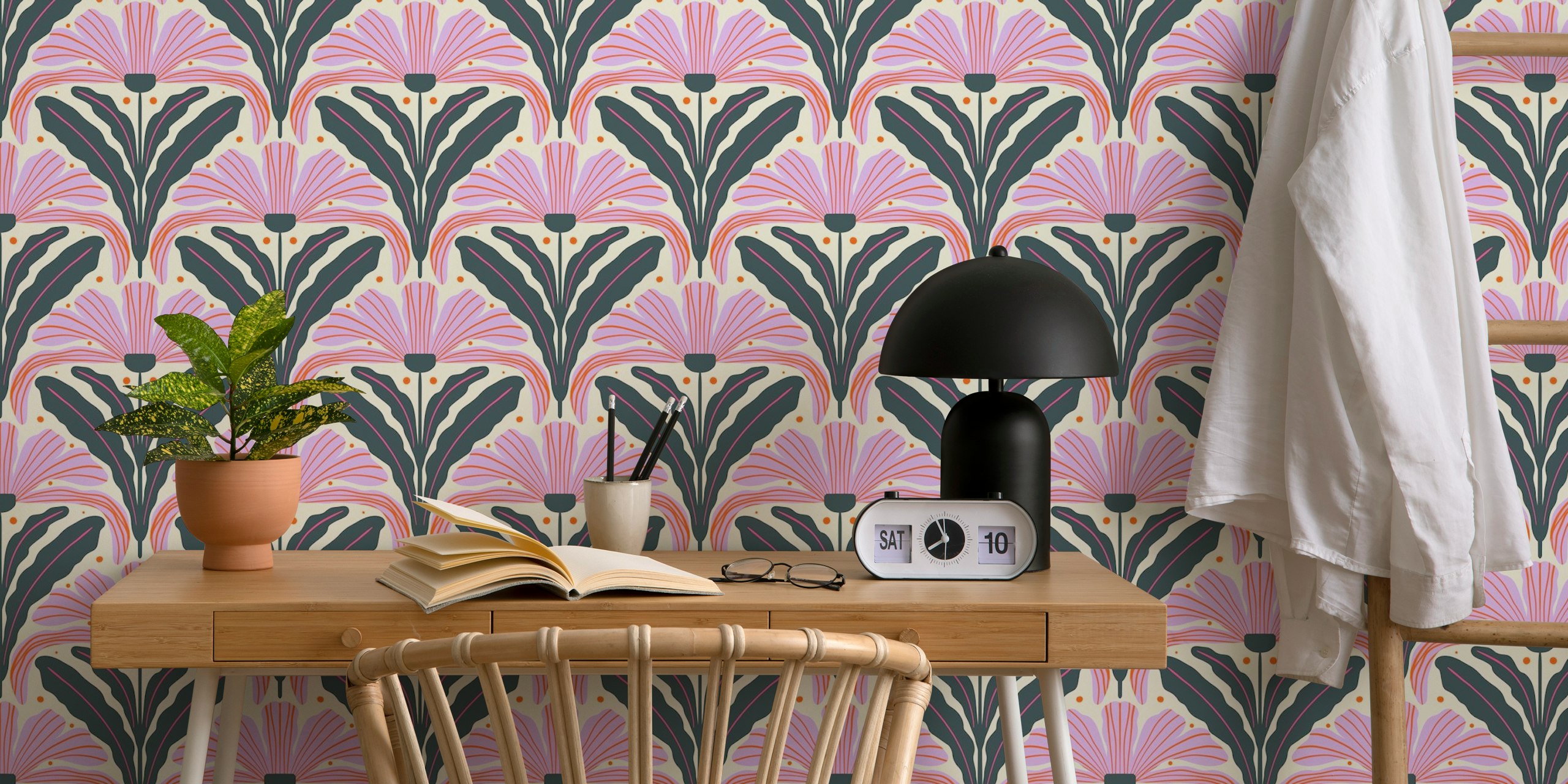 Pink floral pattern with green leaves and black accents wallpaper