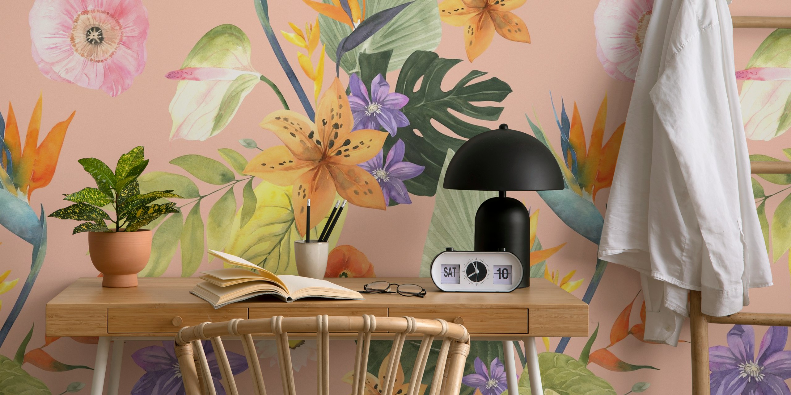 Carta da parati Paradise Flowers & Palm Leaves in una stanza