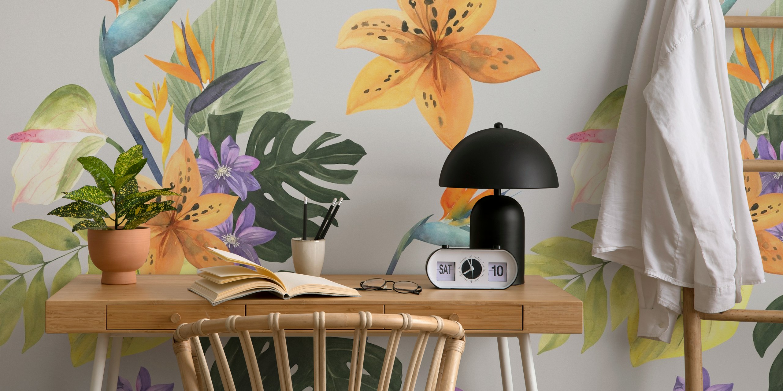 Exotic Floral Leaf Pattern behang in een kamer