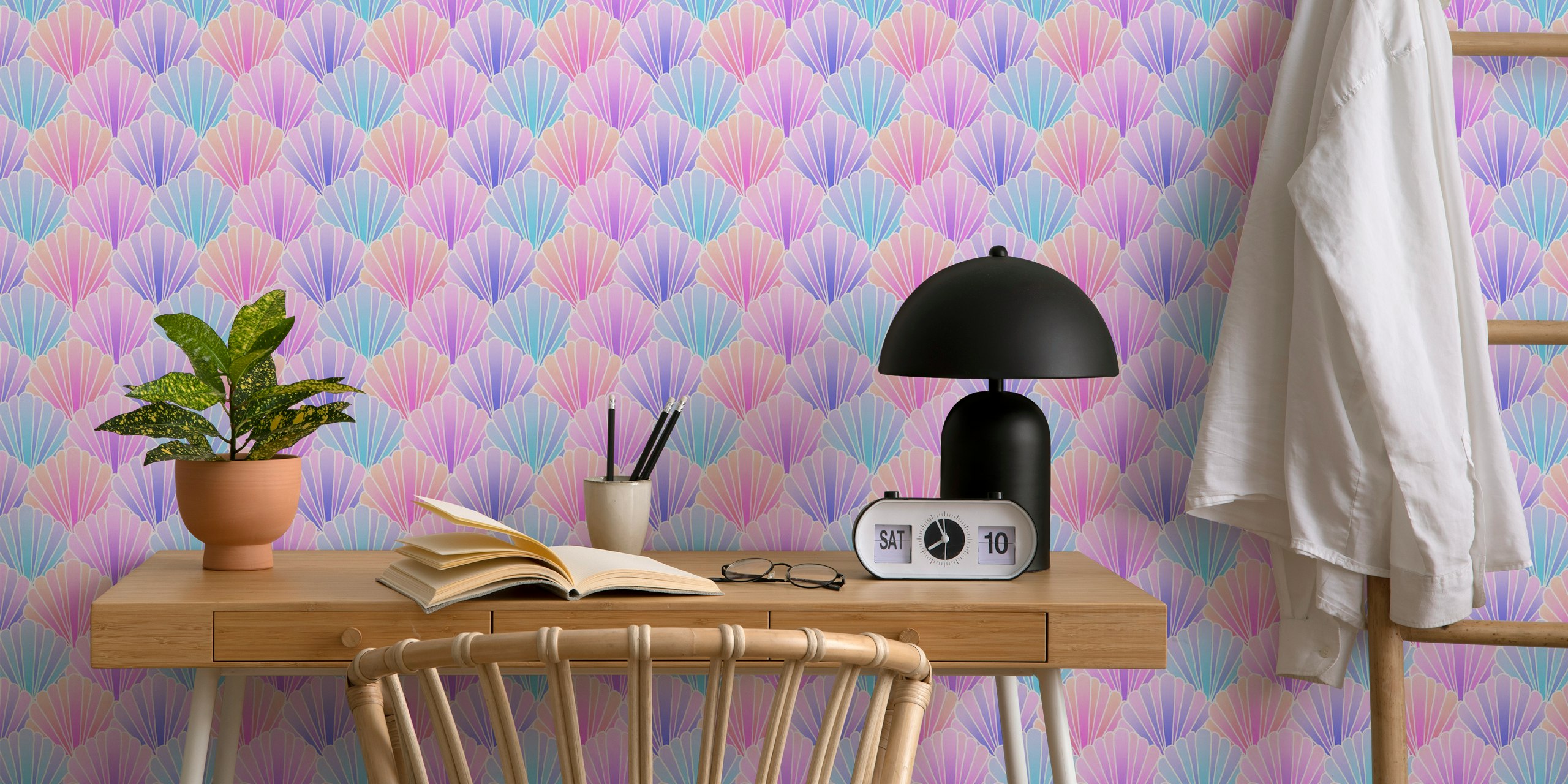 Pastel rainbow seashell scallop wallpaper in a room
