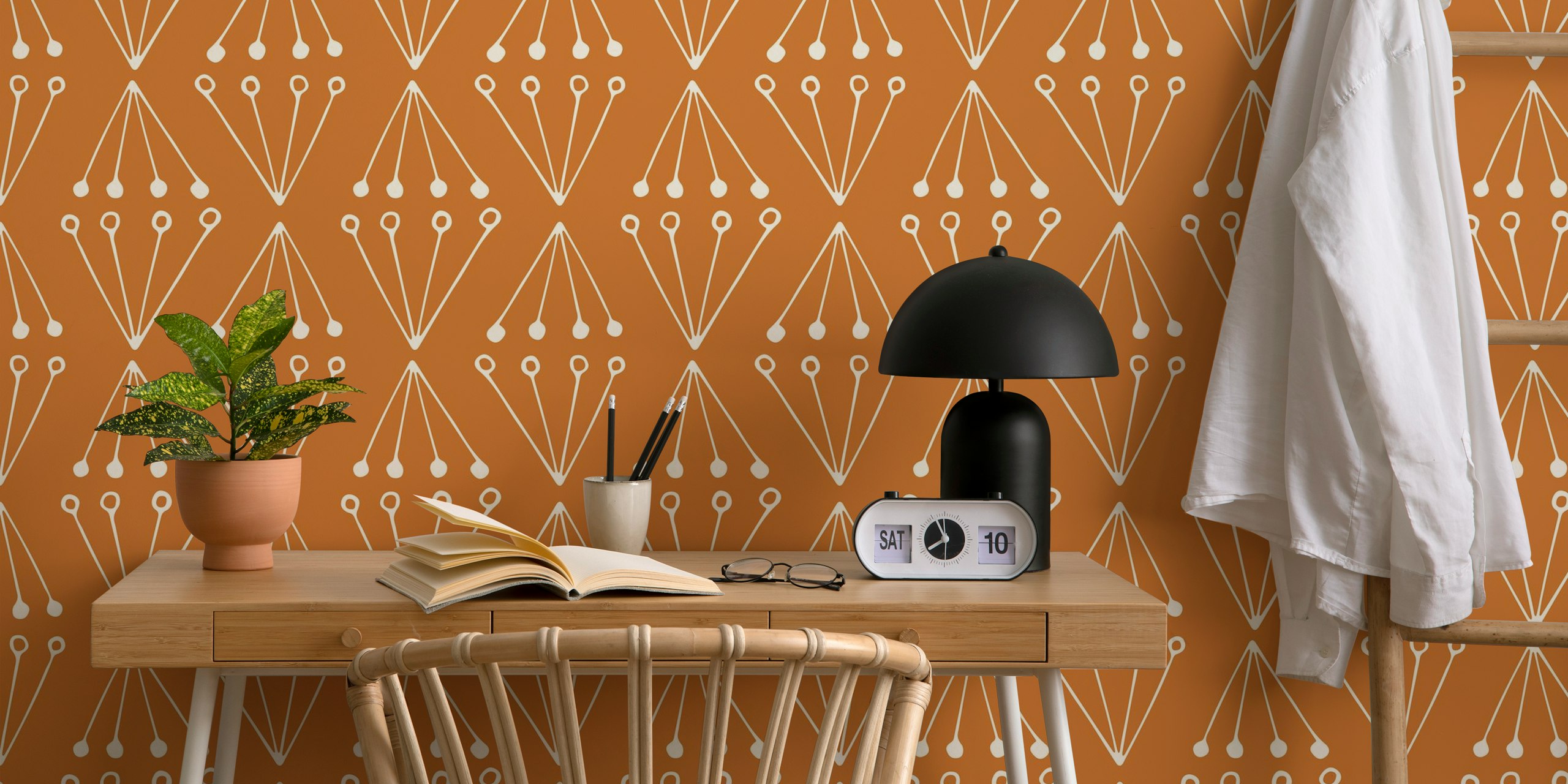 Abstract Modern Geo rust brown ταπετσαρία σε ένα δωμάτιο
