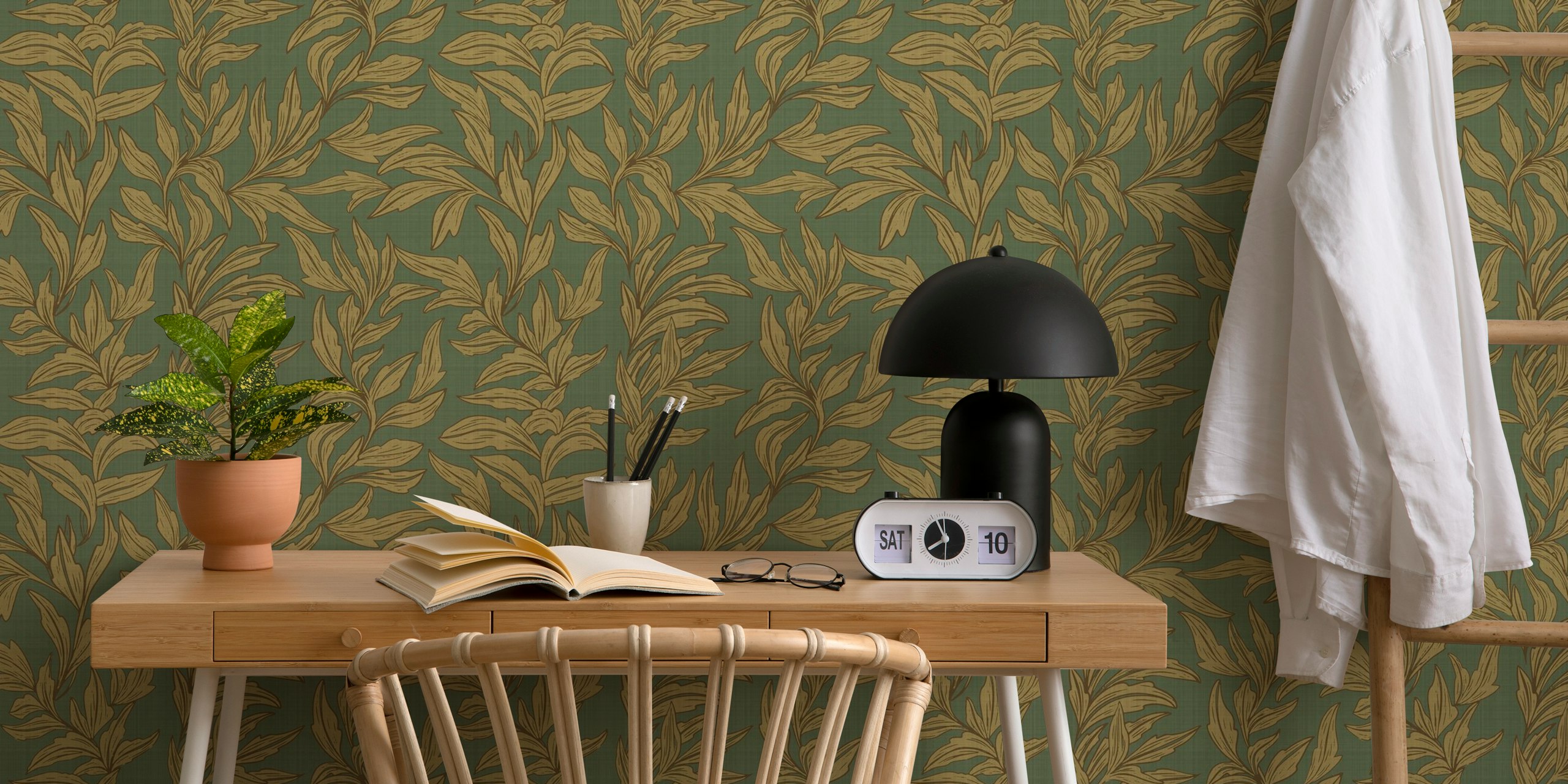 Olive garden leaves wallpaper in a room