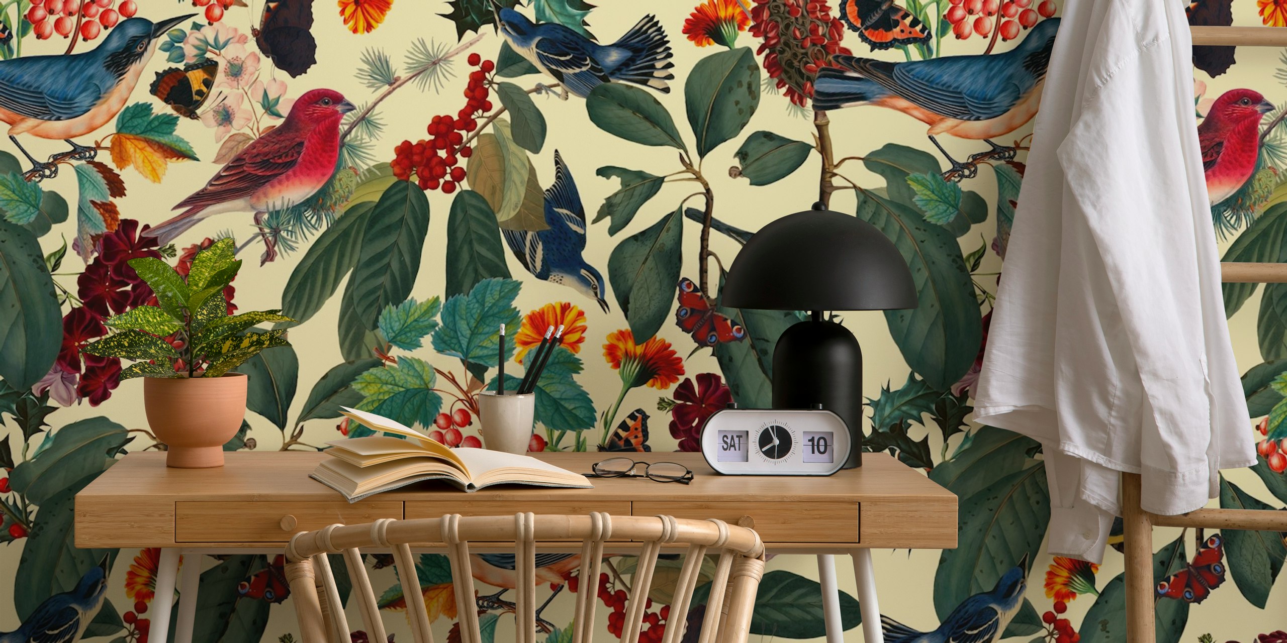 Colorful birds and flowers on a light background floral wallpaper