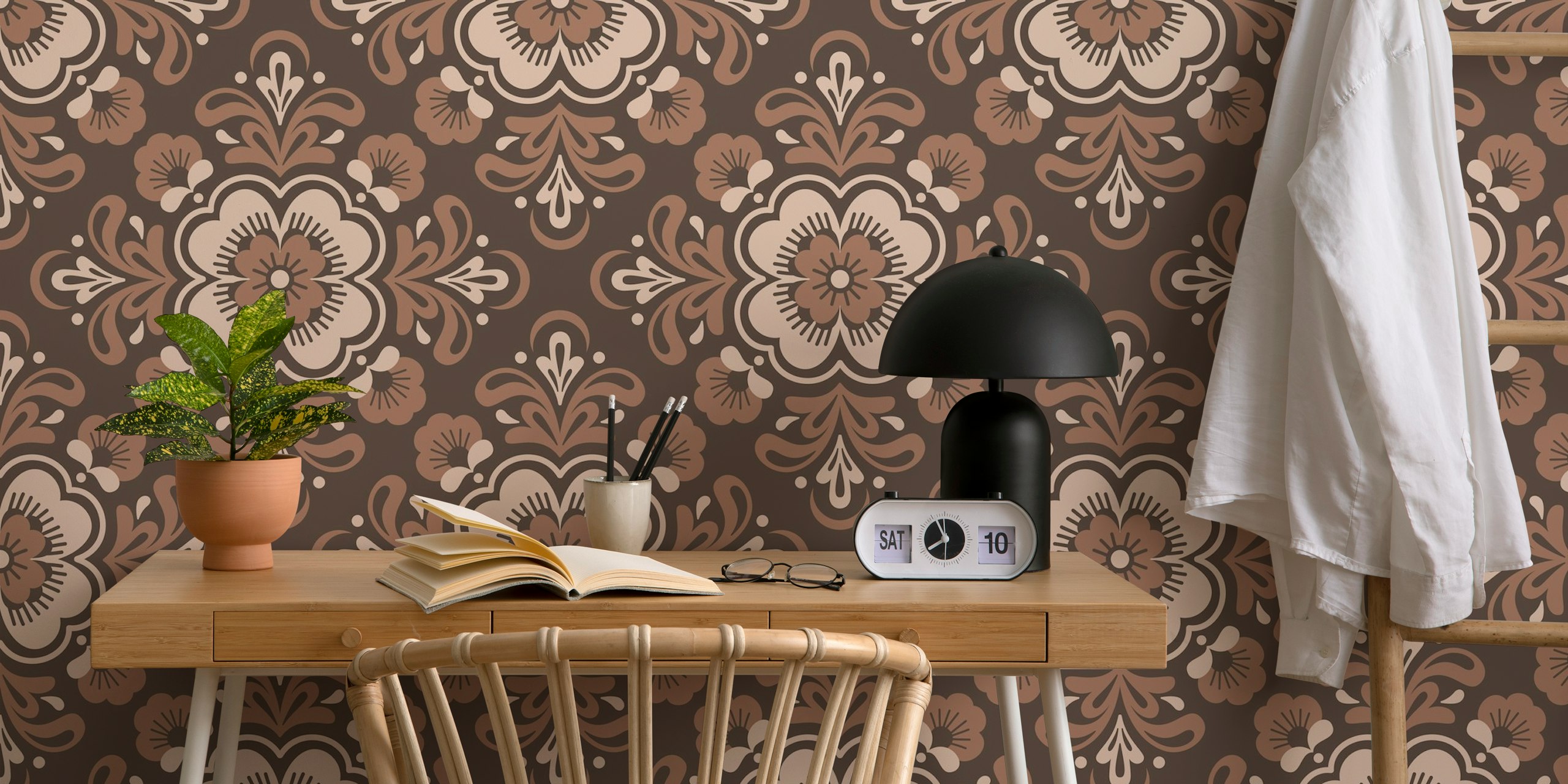 Floral mandala pattern in brown and cream colors wallpaper