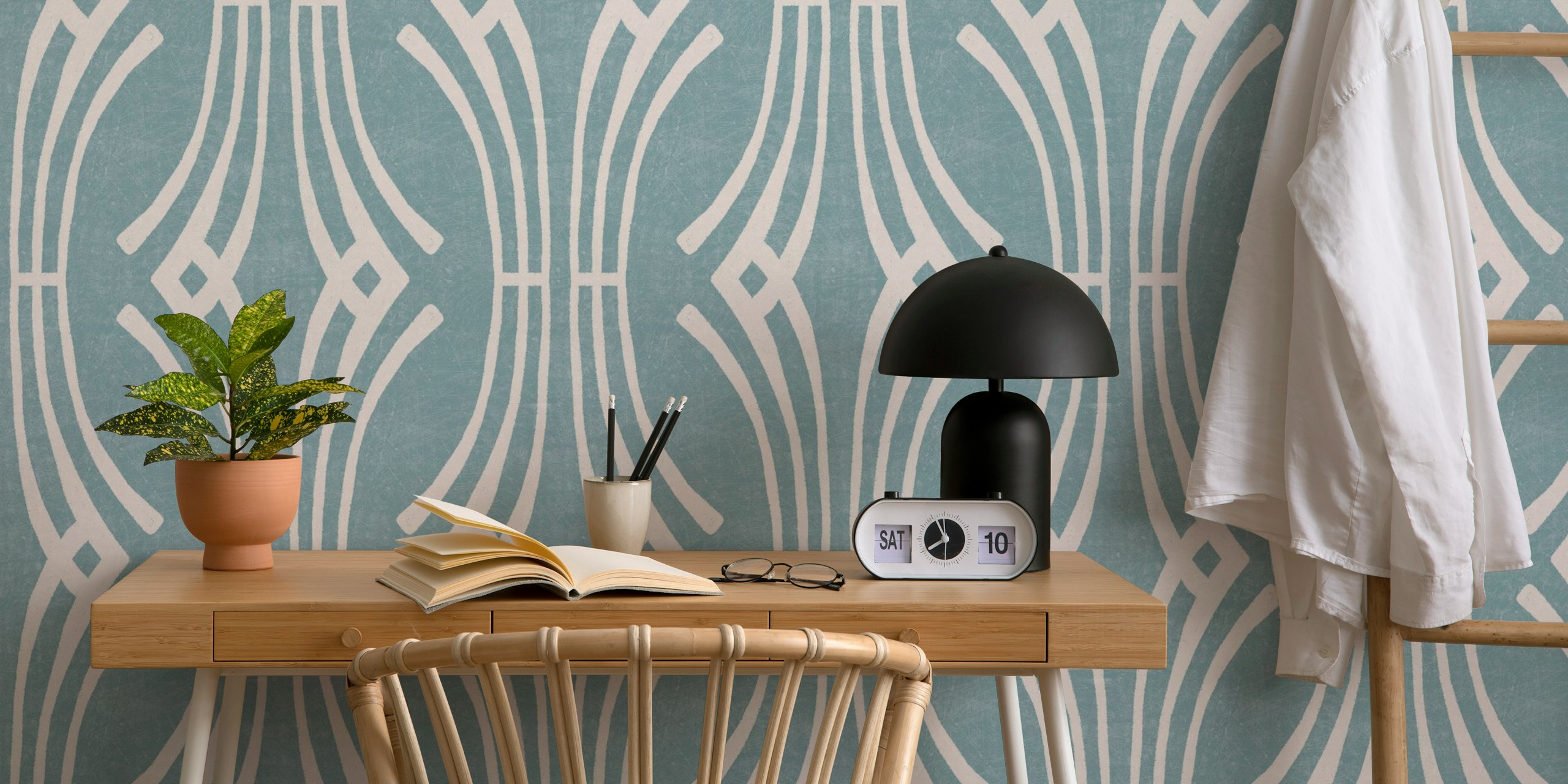Geometric wave pattern in blue and white wallpaper