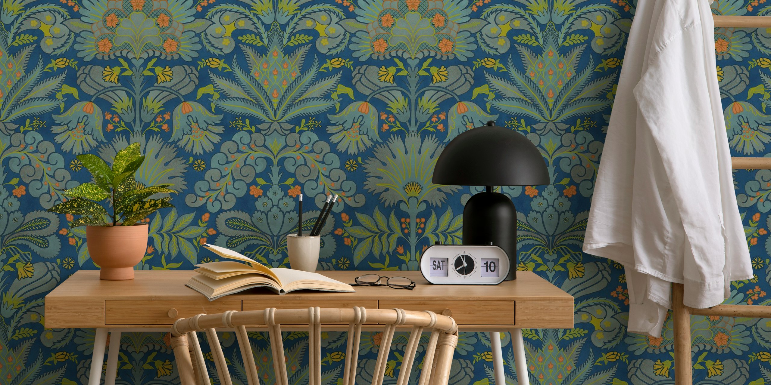 Floral damask pattern in cobalt blue, apple green, and orange wallpaper