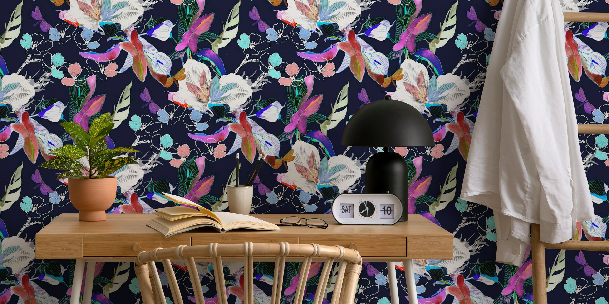 Colorful blooming flowers on navy background wallpaper