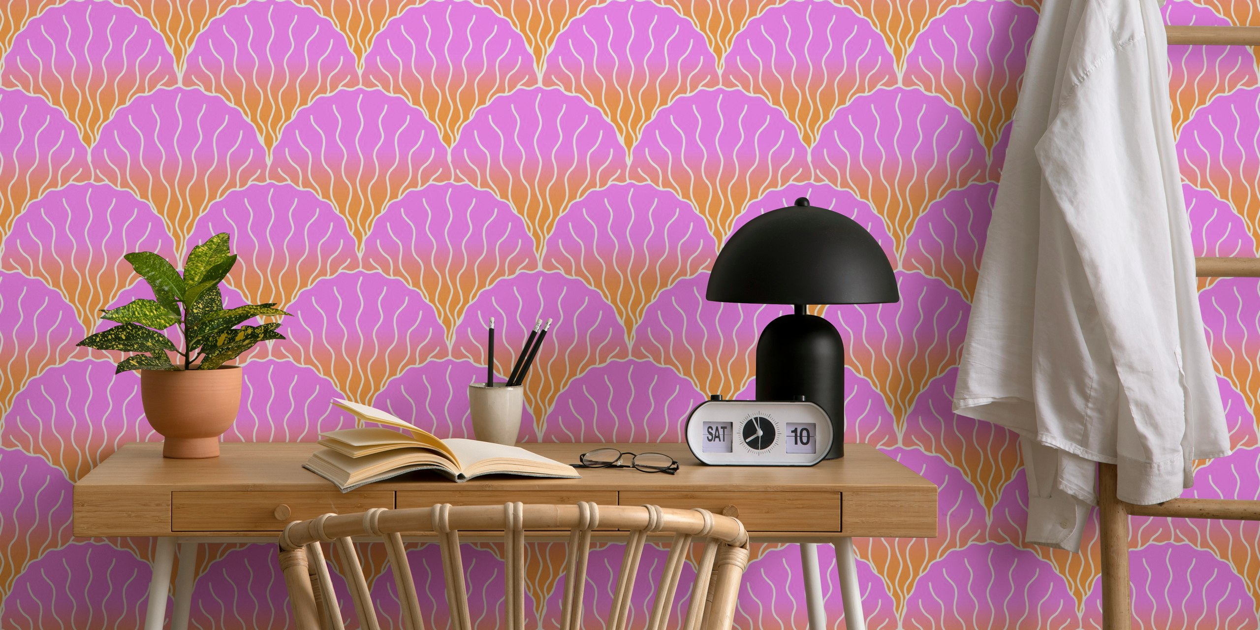 Pink and coral wavy shell pattern wallpaper