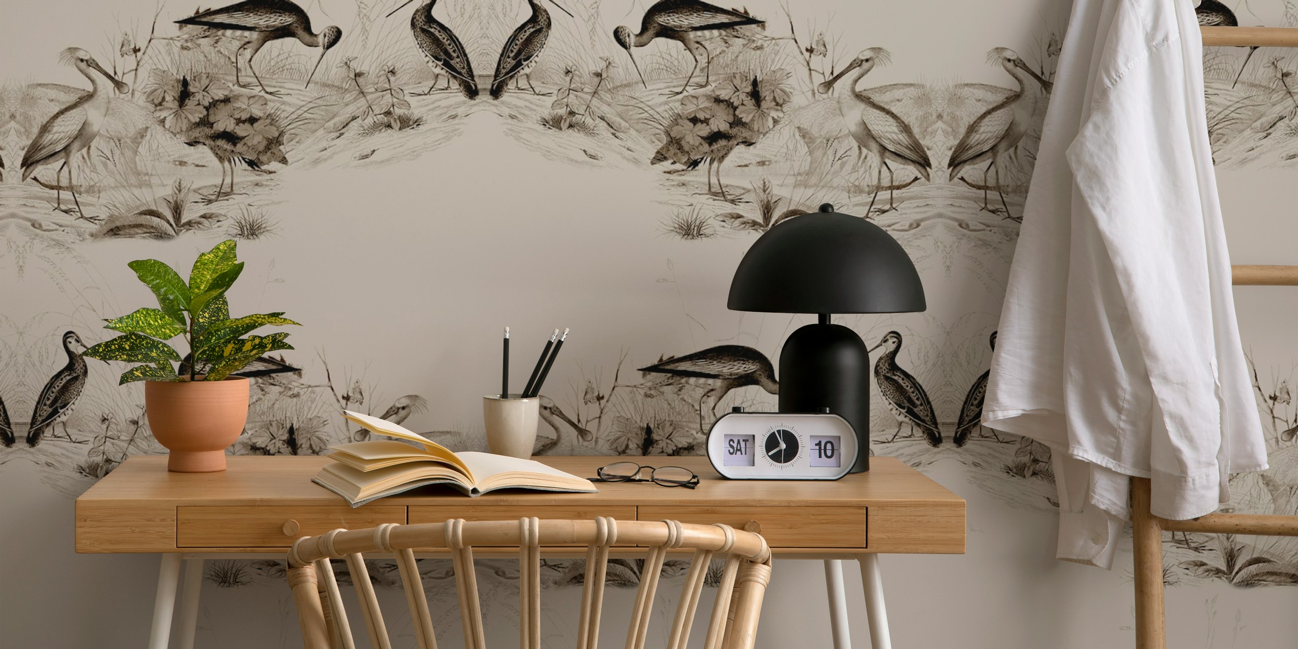 Beige birds with floral elements in vintage style wallpaper