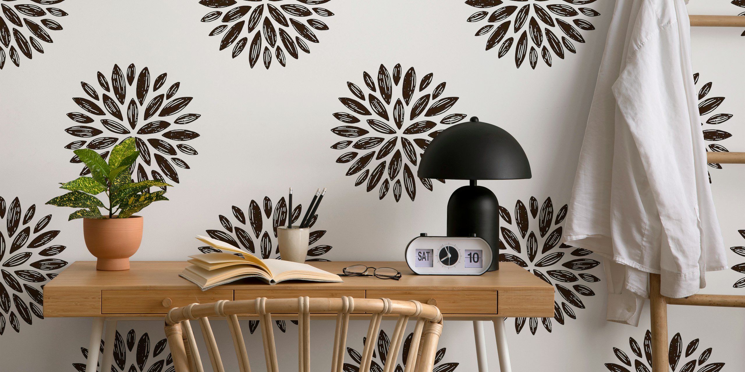Boho floral pattern in charcoal and white wallpaper