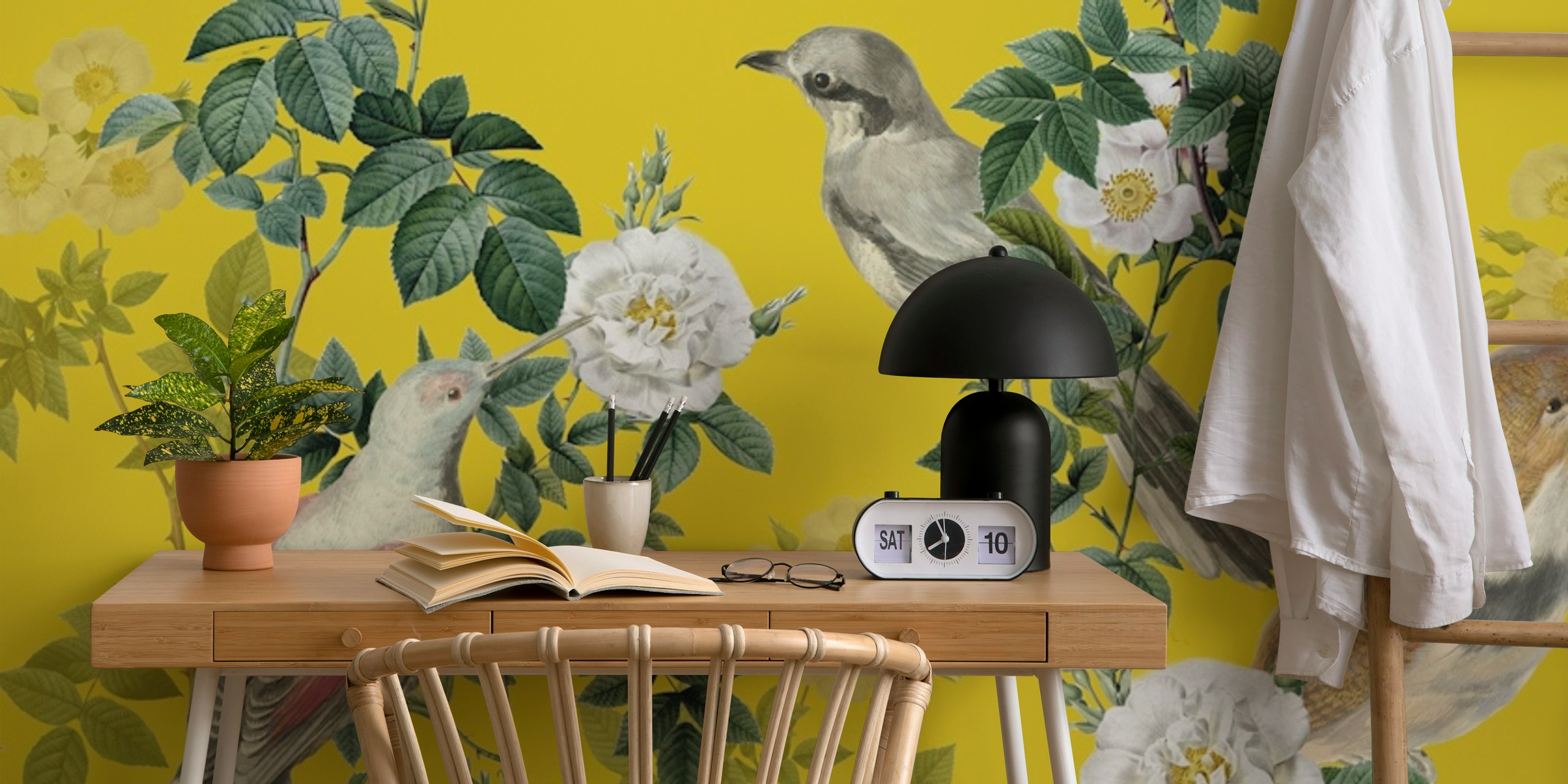 Floral and bird wallpaper design in a room
