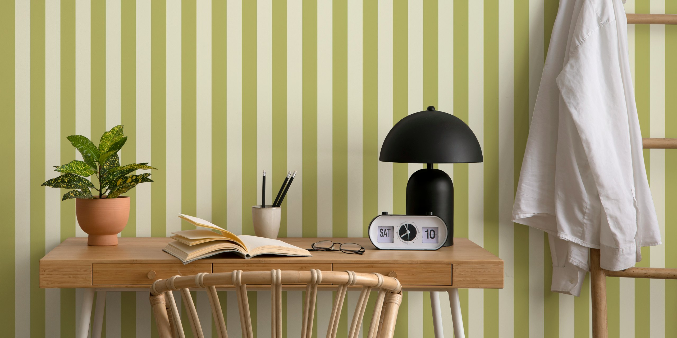 Olive green striped wallpaper with soft beige background