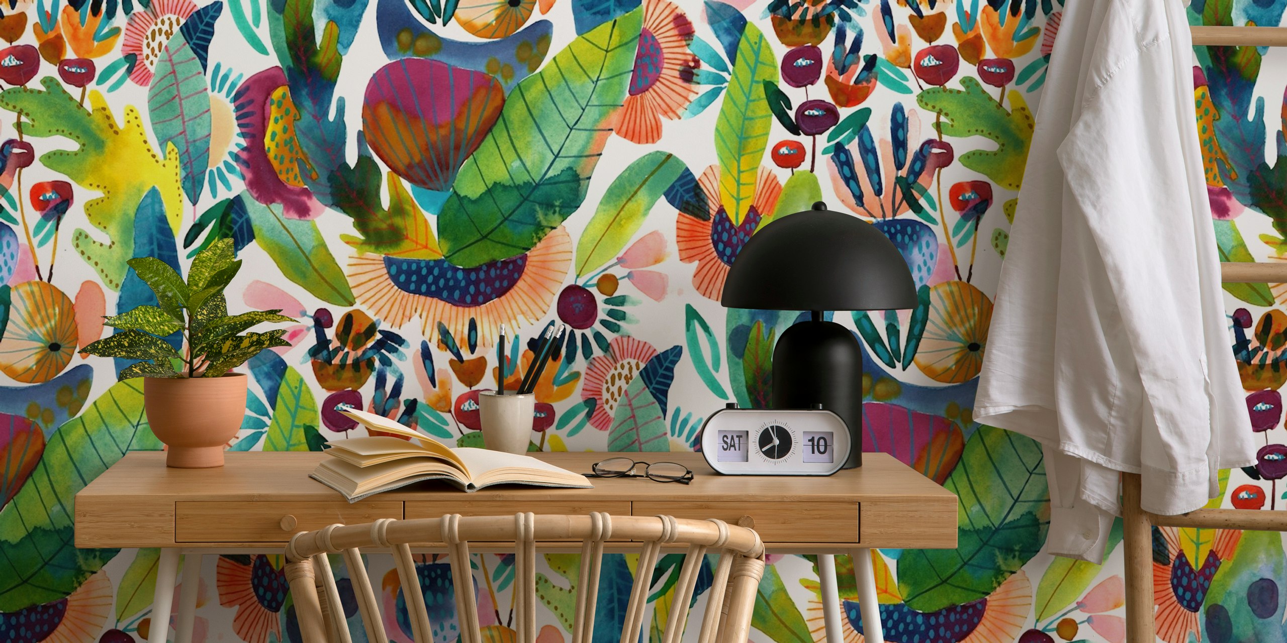 Colorful floral foliage in green, pink, blue hues wallpaper