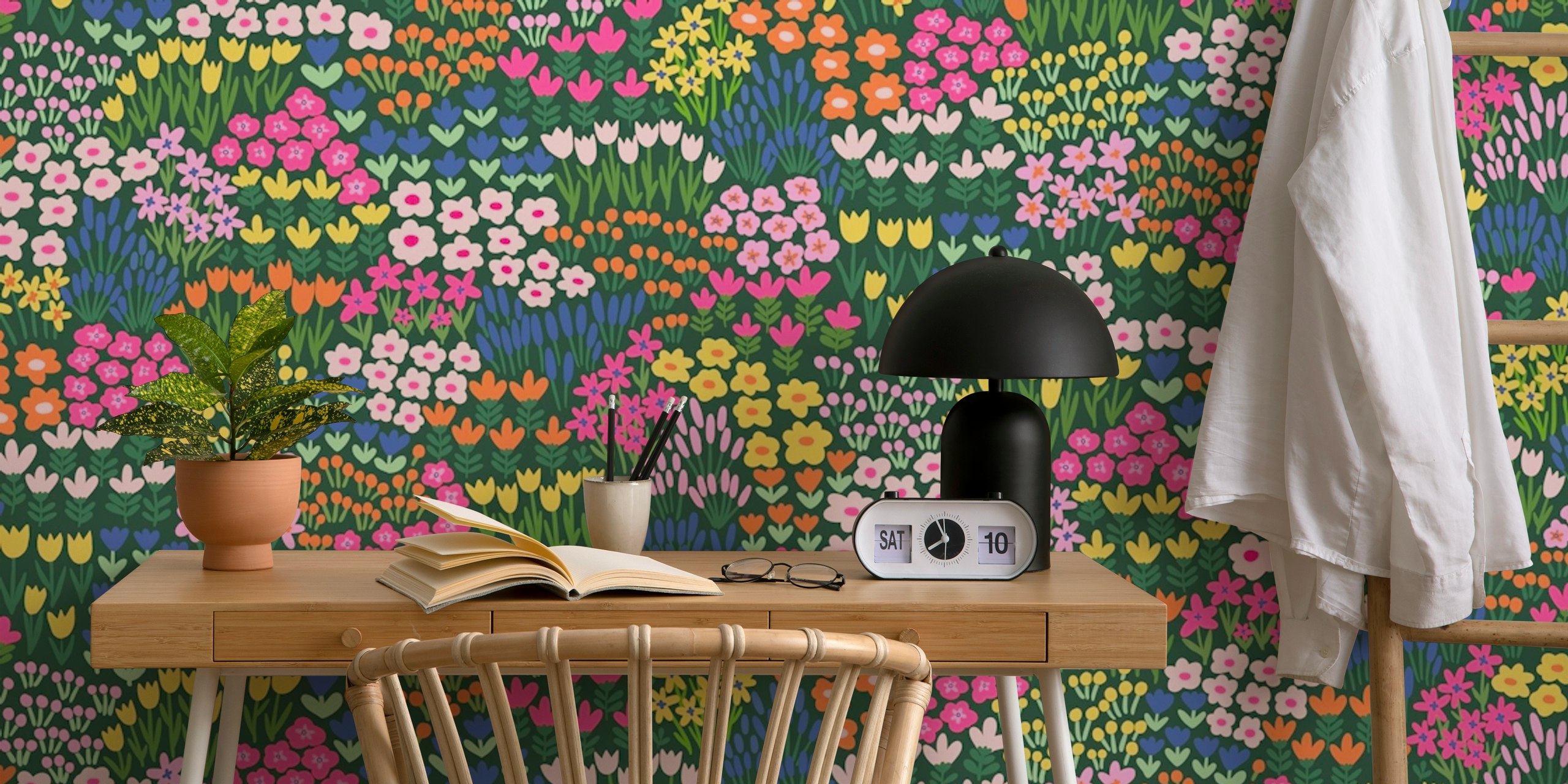 Colorful flower garden wallpaper in a room