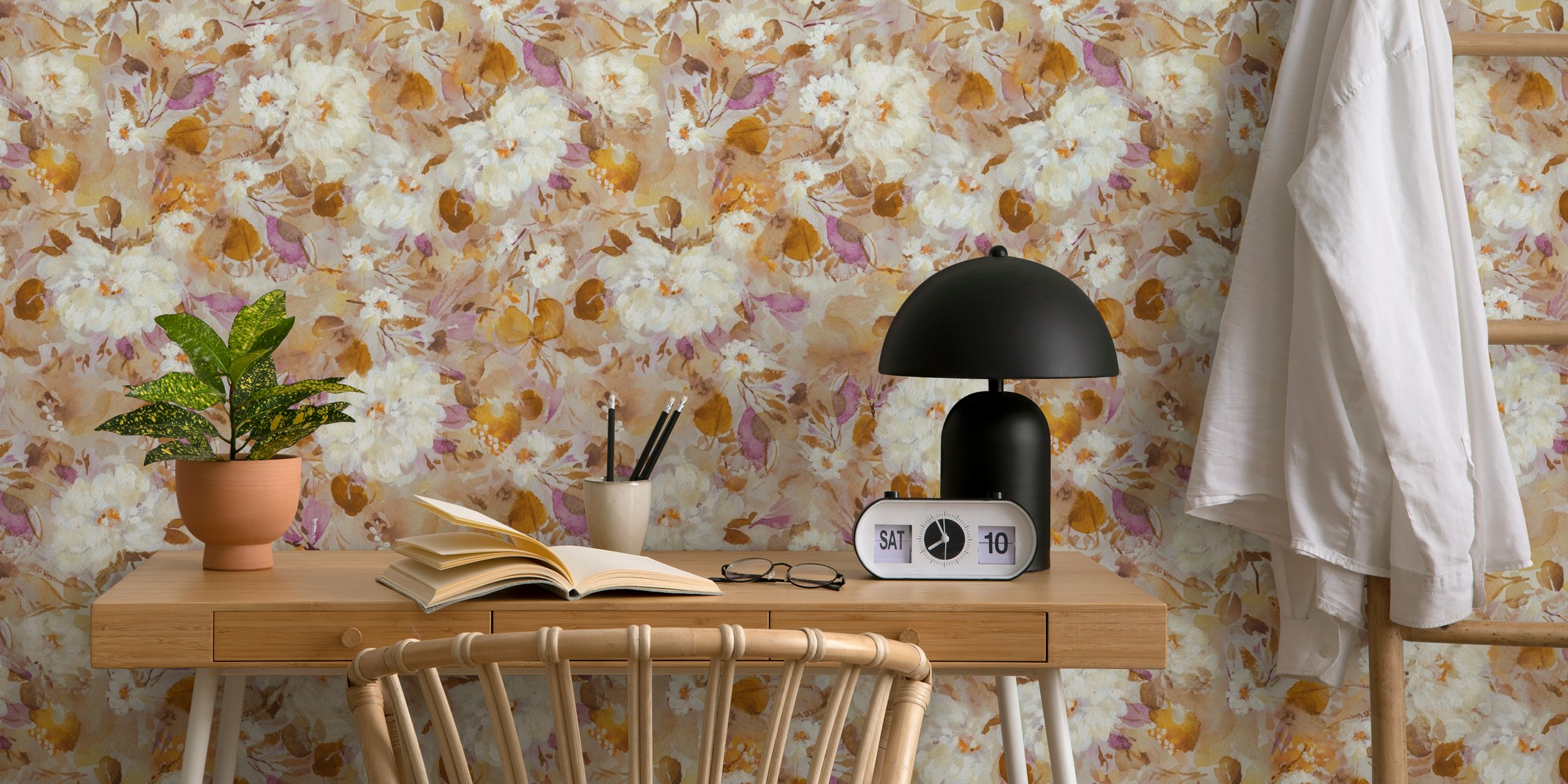 Delicate flowers in warm tones with soft browns and whites wallpaper